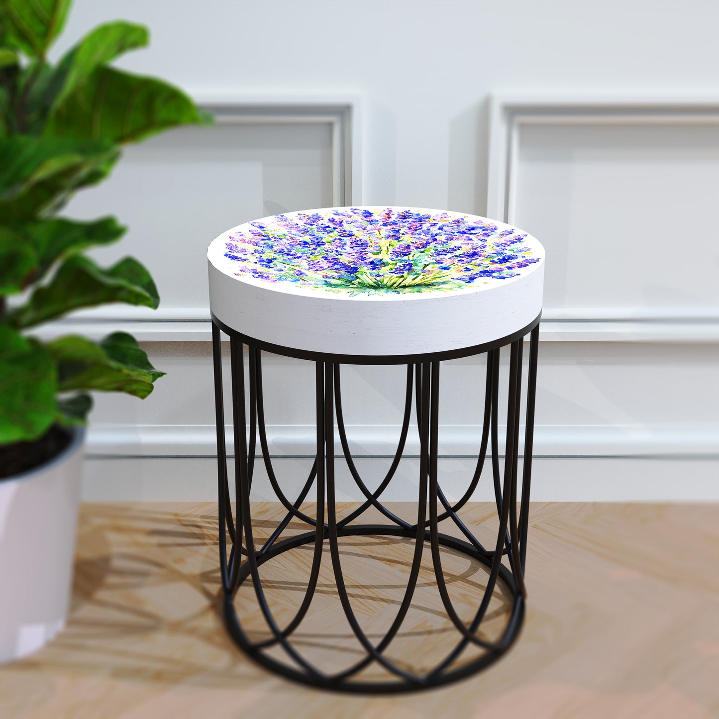 Spring Lavender Accent Table | Round End Table for Indoor | UV Print Side Table | Wood & Metal | Spring Botanicals Design | 3 Sizes