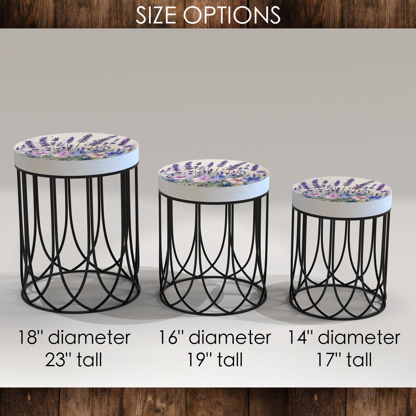 Spring Lavender Accent Table | Round End Table for Indoor | UV Print Side Table | Wood & Metal | Spring Botanicals Design | 3 Sizes