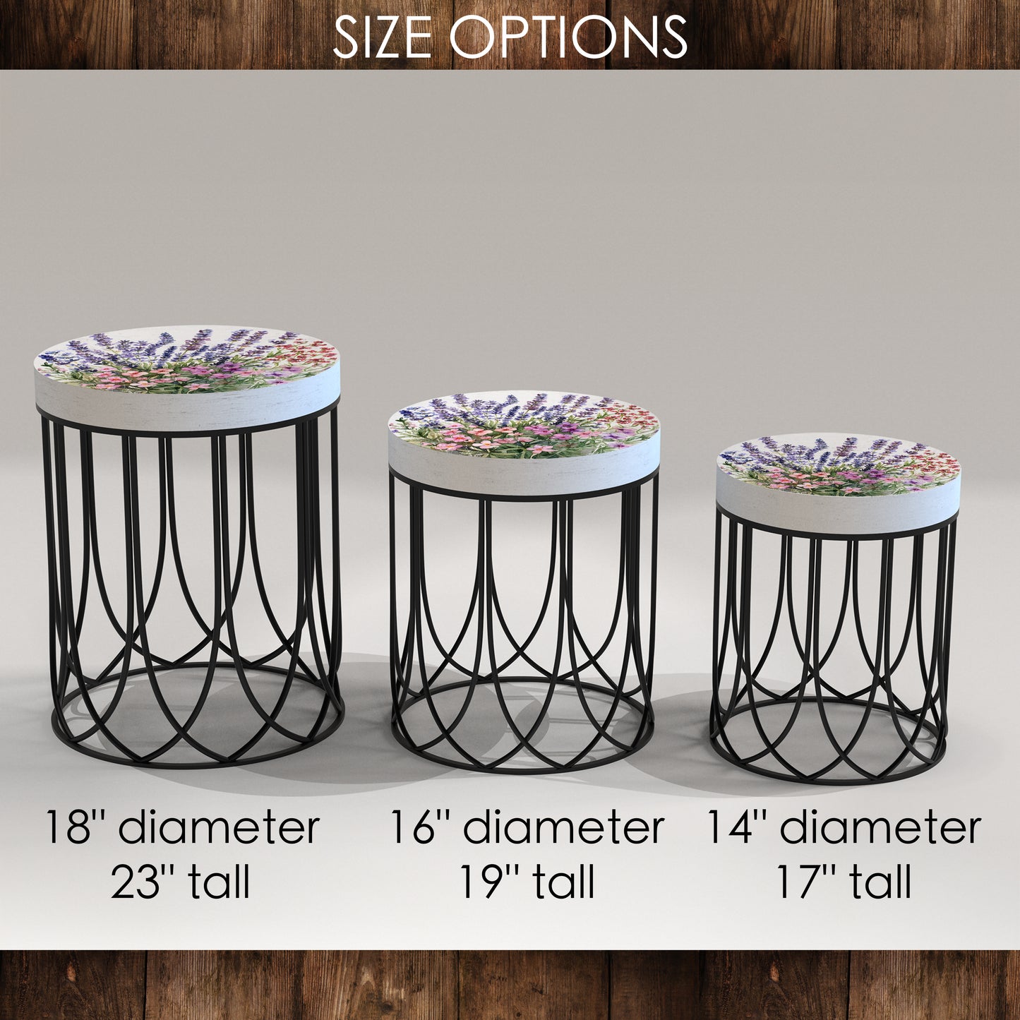 Spring Lavender Accent Table | Round End Table for Indoor | UV Print Side Table | Wood & Metal | Spring Botanicals Design | 3 Sizes