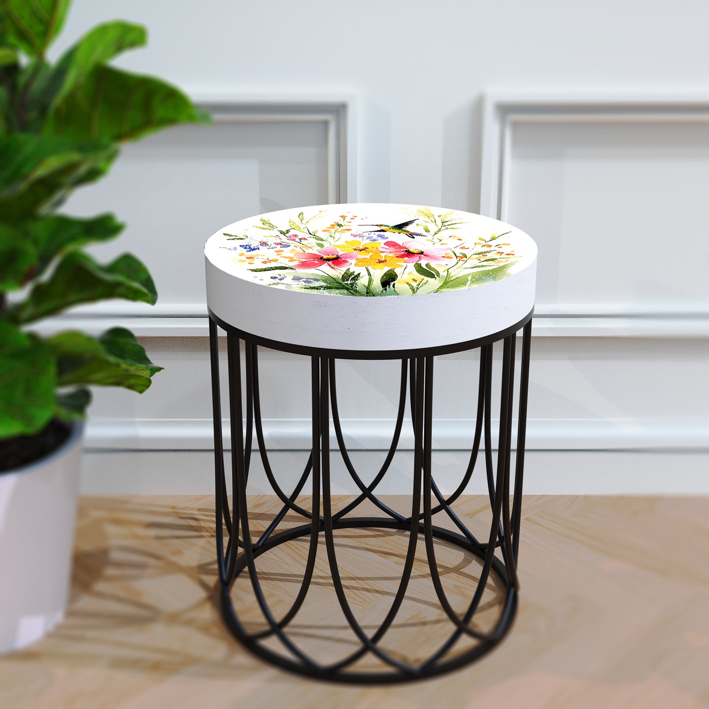 Spring Hummingbird Wildflowers Accent Table | Round End Table for Indoor | UV Print Side Table | Wood & Metal | Spring Botanicals | 3 Sizes