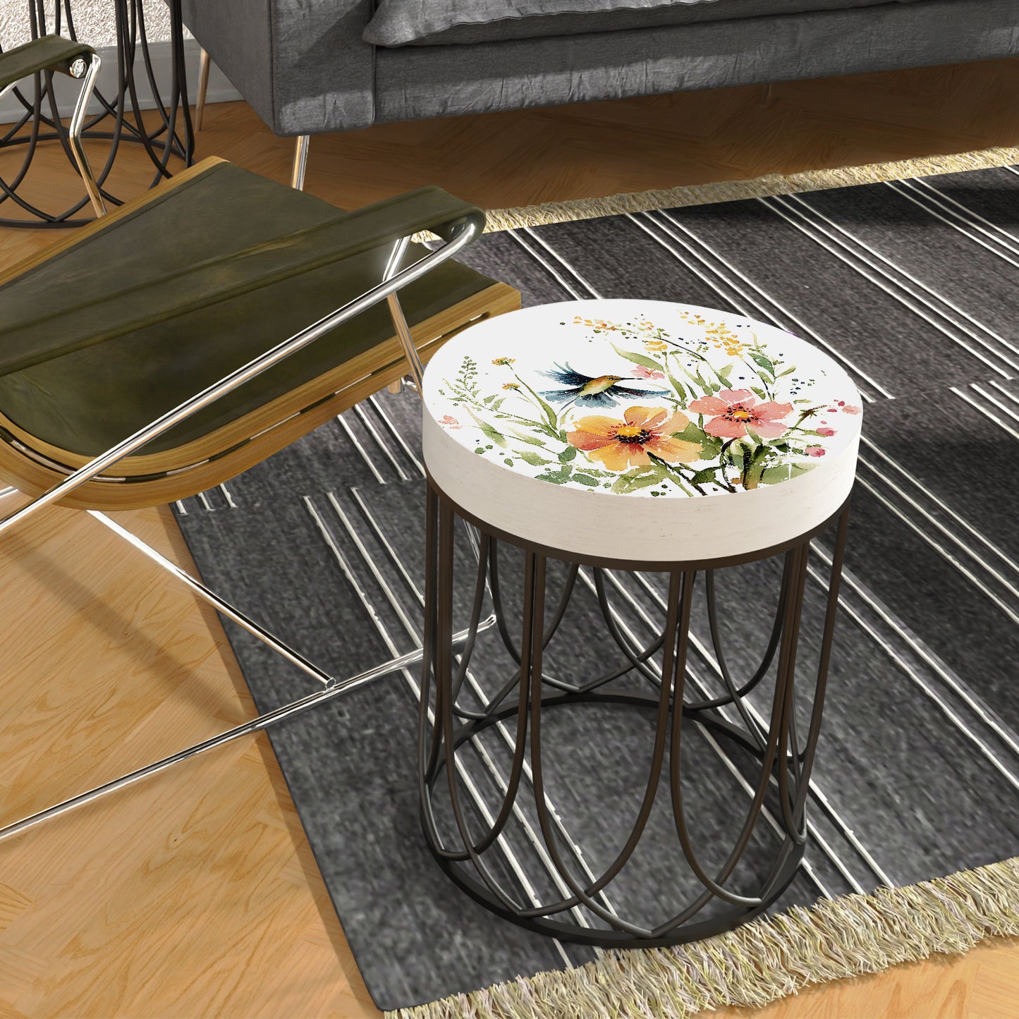 Spring Hummingbird Wildflowers Accent Table | Round End Table for Indoor | UV Print Side Table | Wood & Metal | Spring Botanicals | 3 Sizes