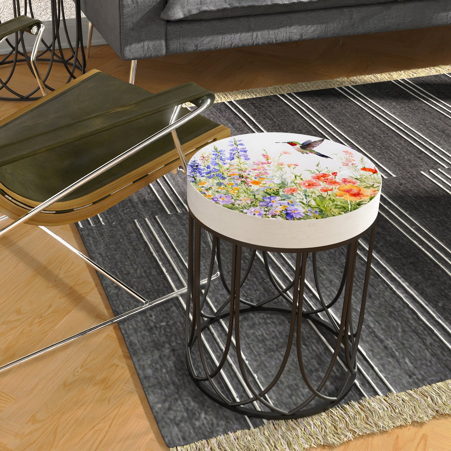 Spring Hummingbird Wildflowers Accent Table | Round End Table for Indoor | UV Print Side Table | Wood & Metal | Spring Botanicals | 3 Sizes