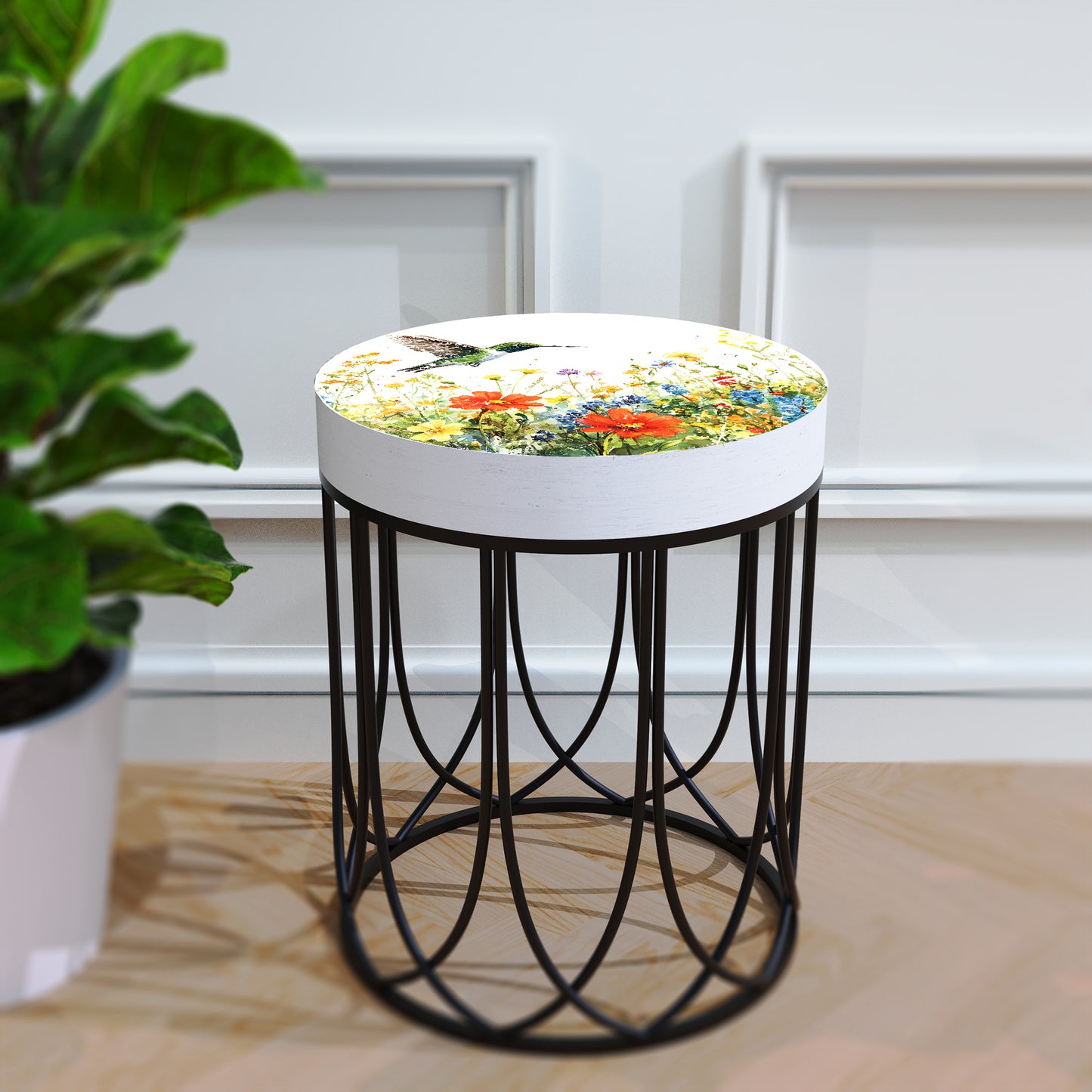 Spring Hummingbird Wildflowers Accent Table | Round End Table for Indoor | UV Print Side Table | Wood & Metal | Spring Botanicals | 3 Sizes