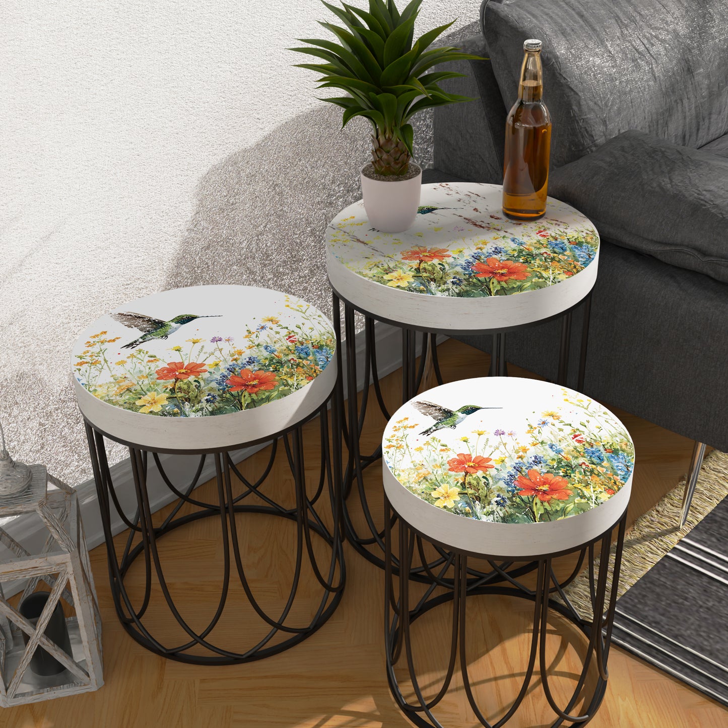 Spring Hummingbird Wildflowers Accent Table | Round End Table for Indoor | UV Print Side Table | Wood & Metal | Spring Botanicals | 3 Sizes