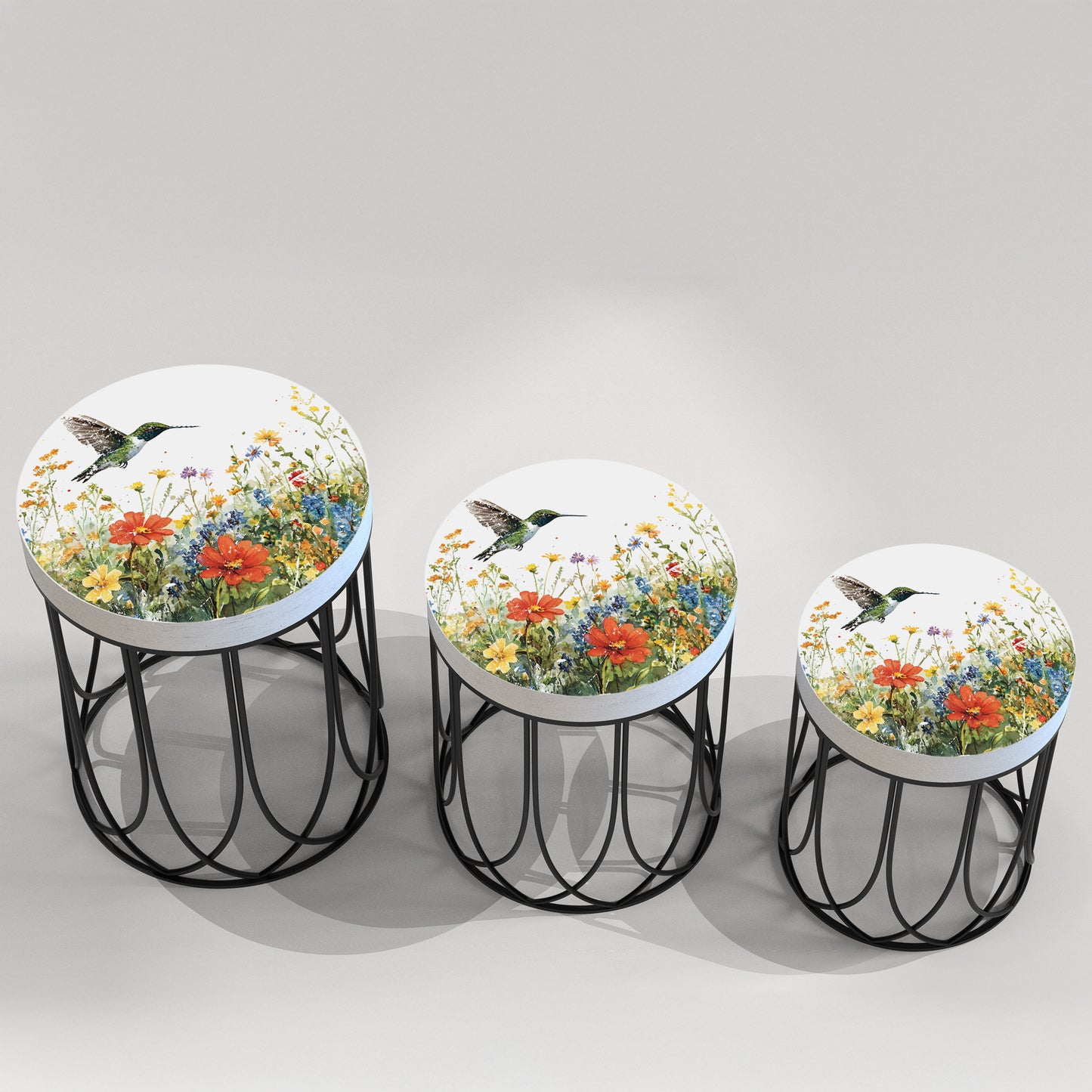 Spring Hummingbird Wildflowers Accent Table | Round End Table for Indoor | UV Print Side Table | Wood & Metal | Spring Botanicals | 3 Sizes