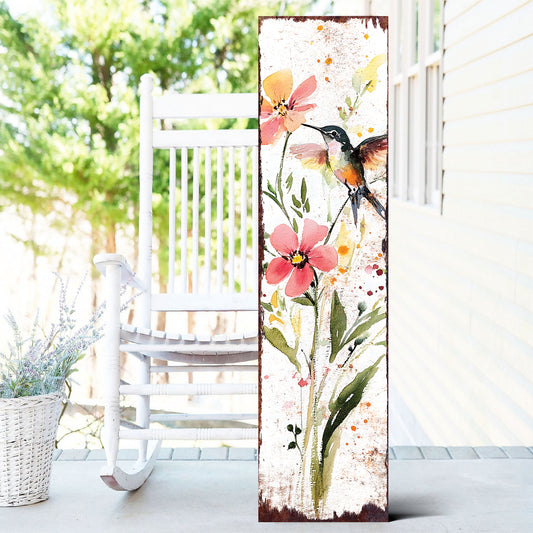 Spring Hummingbird Porch Sign | Wooden Entryway Decor | UV Print | Front Porch Plaque | Wildflowers Design | 3 Sizes Available