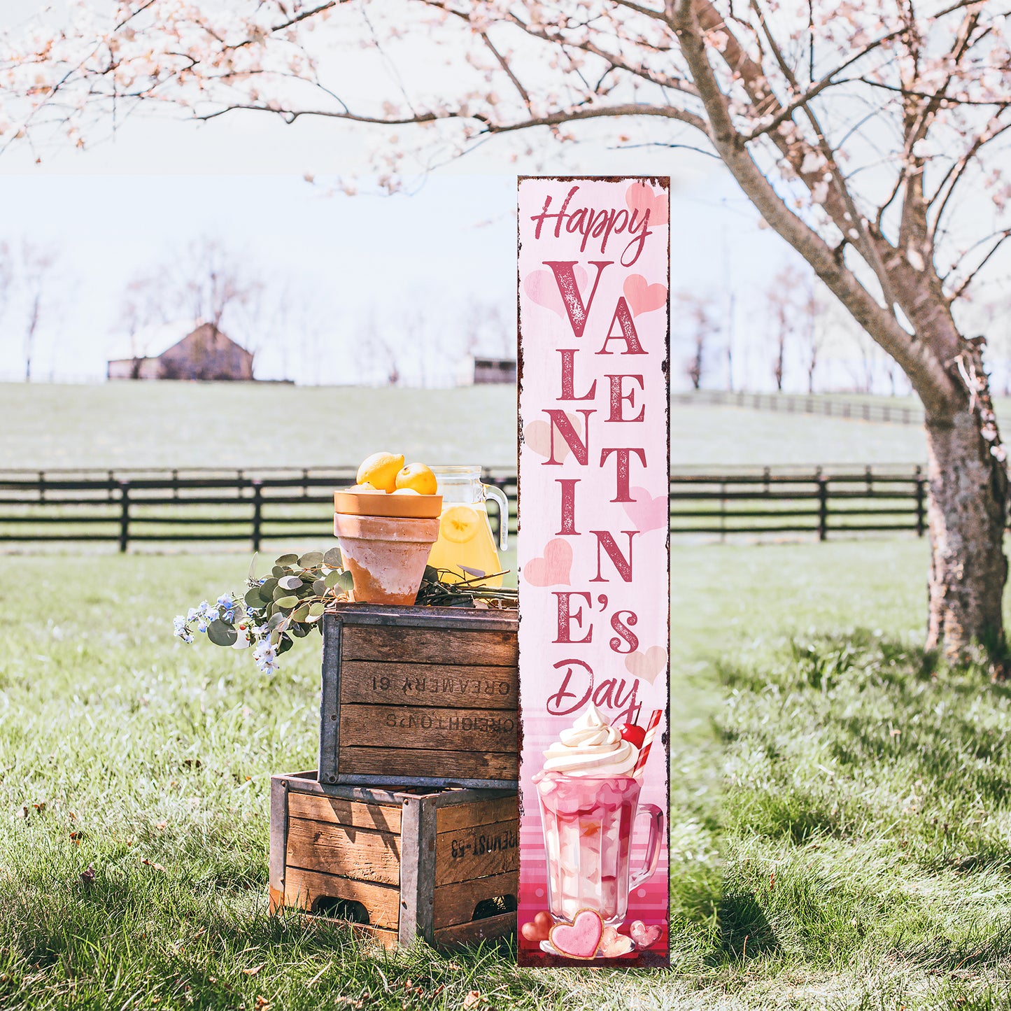 48in Happy Valentine’s Day Porch Sign | Front Porch Valentine’s Welcome Sign | Romantic Entryway Decor | Wooden UV Print