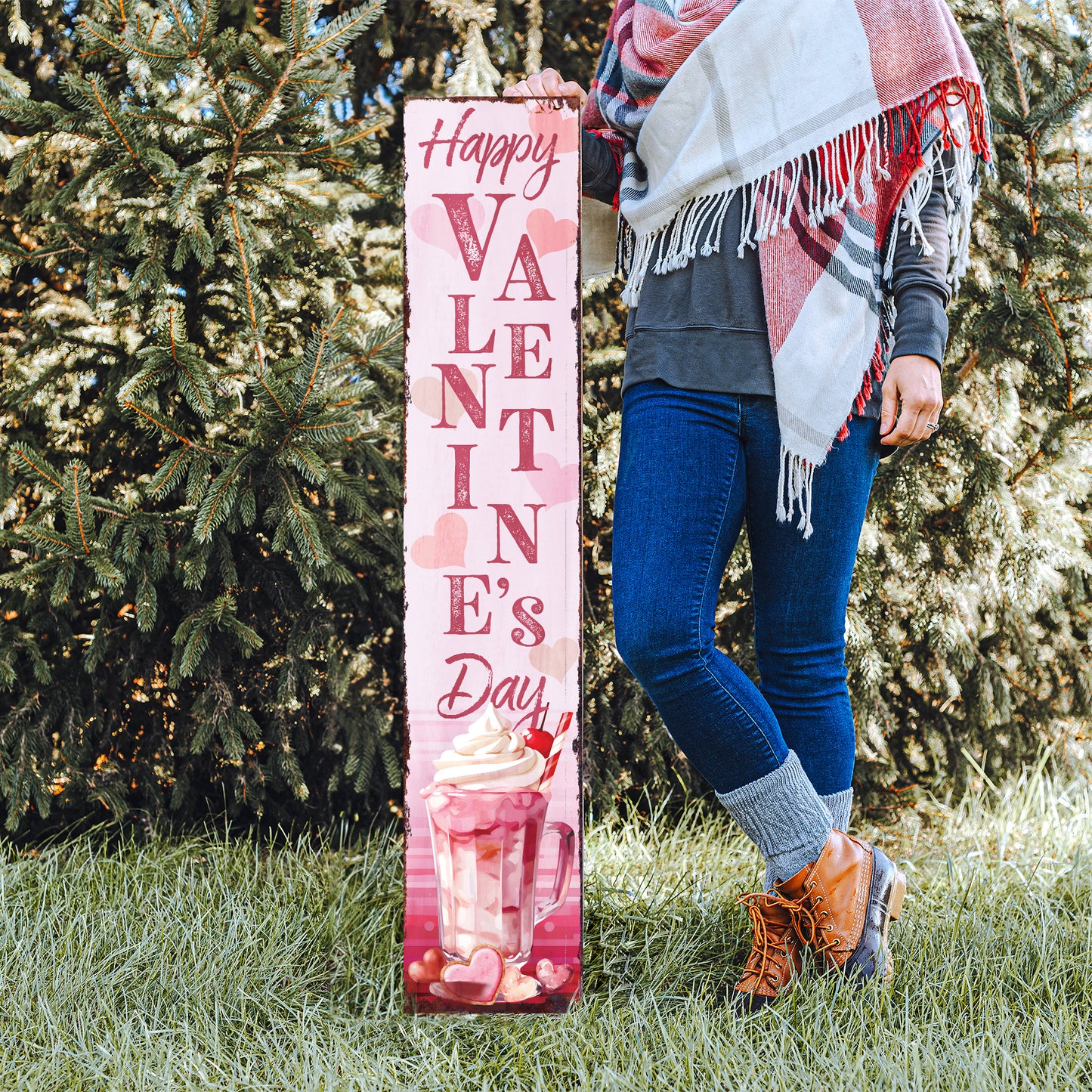 48in Happy Valentine’s Day Porch Sign | Front Porch Valentine’s Welcome Sign | Romantic Entryway Decor | Wooden UV Print