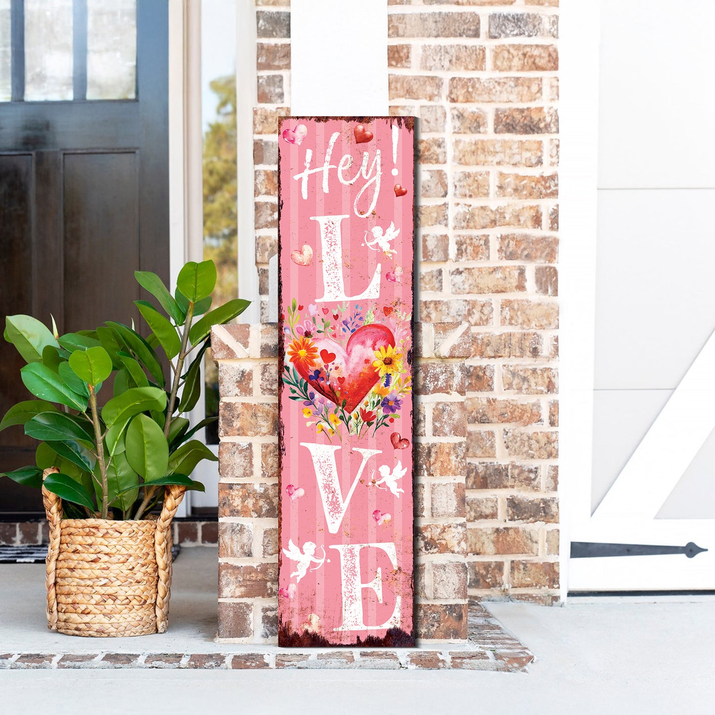 Hey! Love Valentine’s Day Porch Sign | Wooden Entryway Decor | UV Print | Front Porch Plaque | Romantic Home Decor | 3 Sizes Available