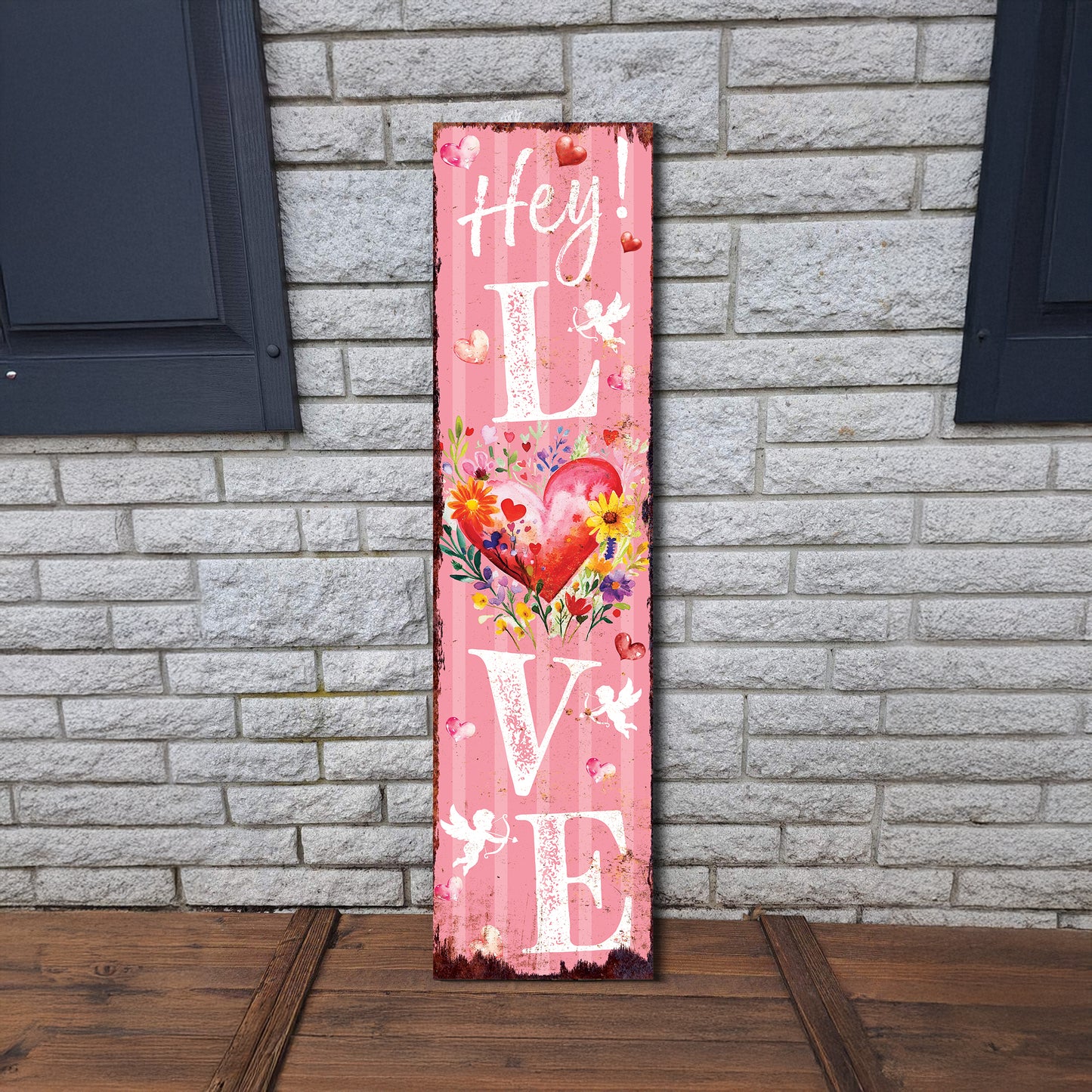 Hey! Love Valentine’s Day Porch Sign | Wooden Entryway Decor | UV Print | Front Porch Plaque | Romantic Home Decor | 3 Sizes Available