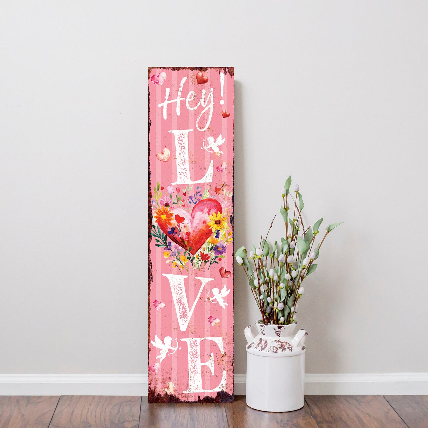 Hey! Love Valentine’s Day Porch Sign | Wooden Entryway Decor | UV Print | Front Porch Plaque | Romantic Home Decor | 3 Sizes Available