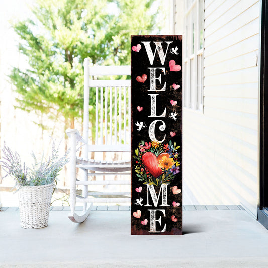 Welcome Valentine’s Day Porch Sign | Wooden Entryway Decor | UV Print | Front Porch Plaque | Romantic Home Decor | 3 Sizes Available