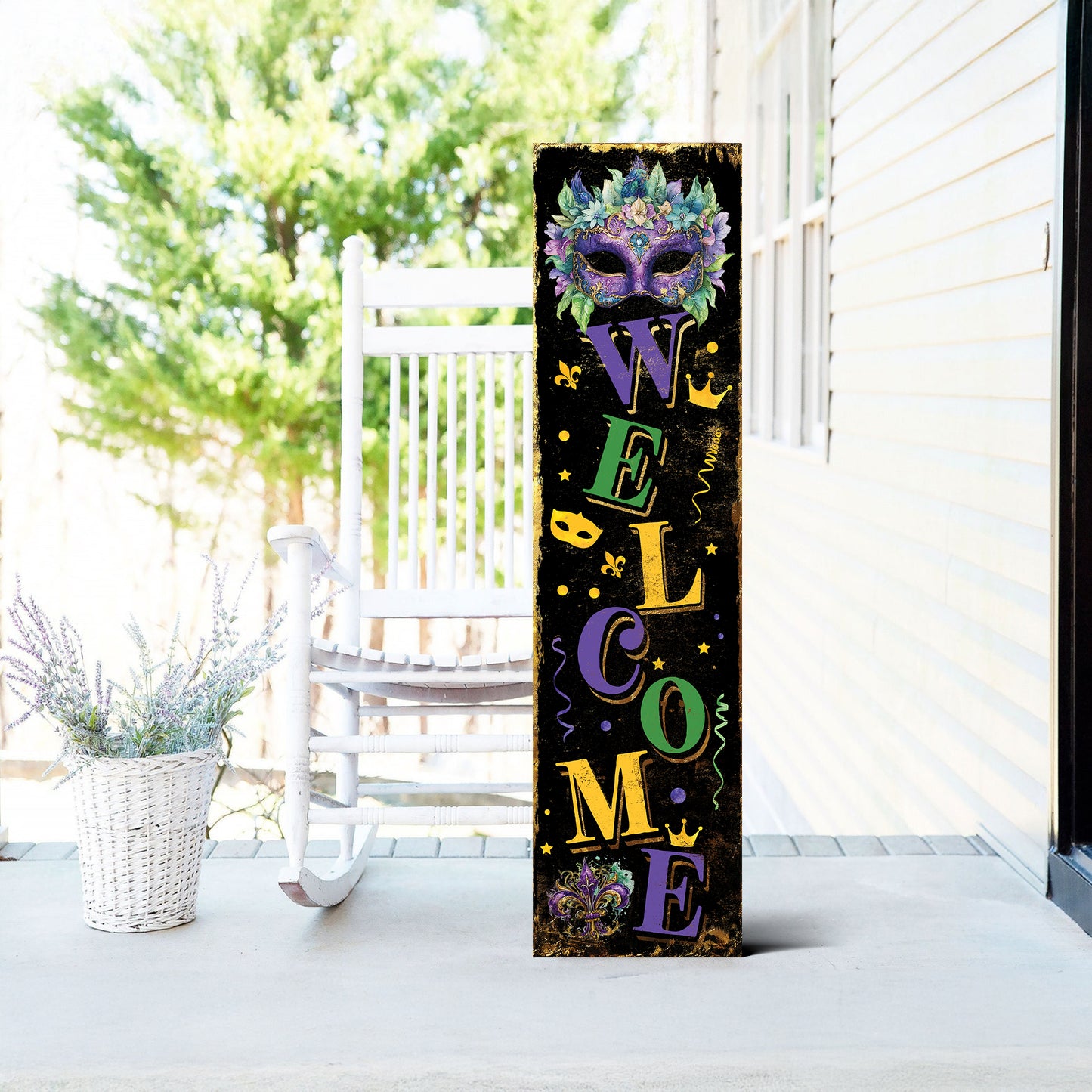 Welcome Mardi Gras Porch Sign | Wooden Entryway Decor | UV Print | Front Porch Plaque | Festive Mardi Gras Decor | 3 Sizes Available