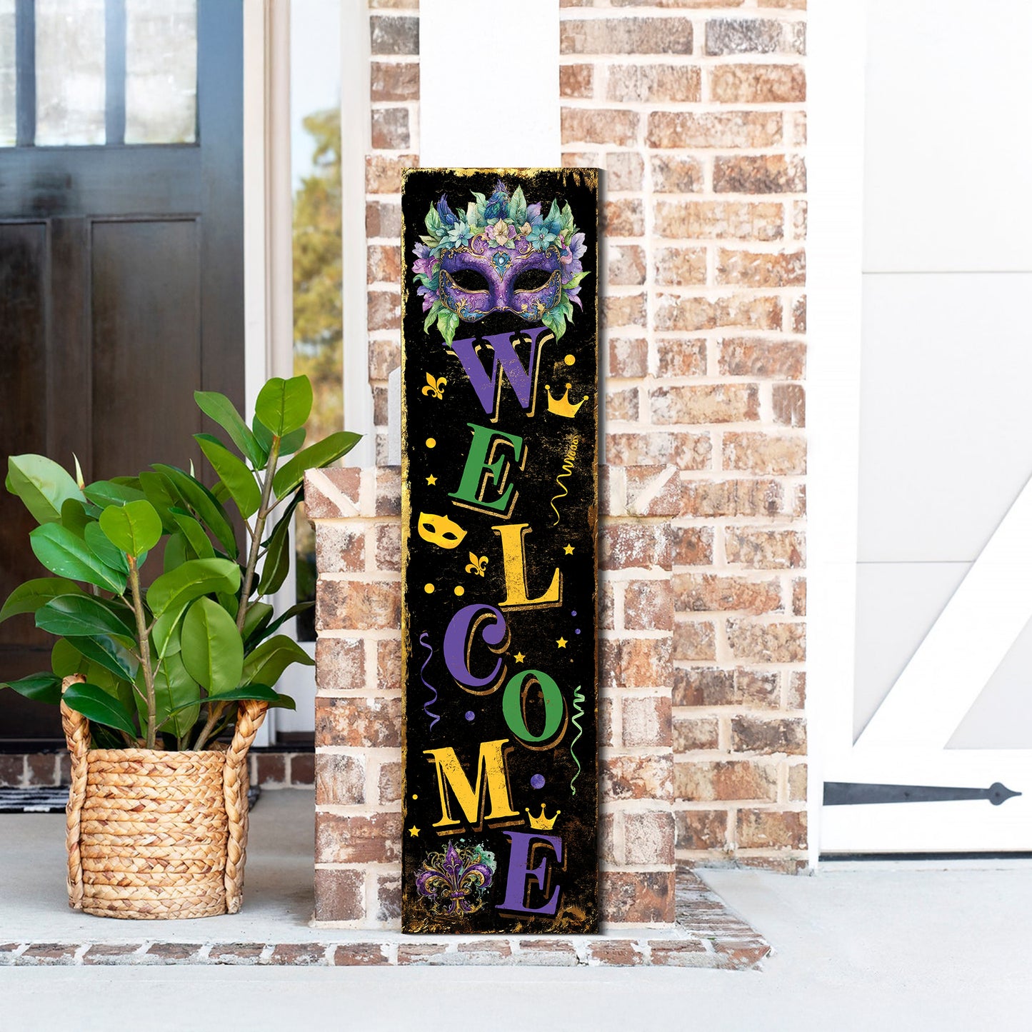 Welcome Mardi Gras Porch Sign | Wooden Entryway Decor | UV Print | Front Porch Plaque | Festive Mardi Gras Decor | 3 Sizes Available