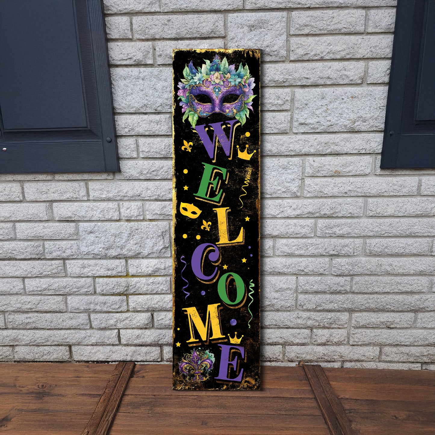 Welcome Mardi Gras Porch Sign | Wooden Entryway Decor | UV Print | Front Porch Plaque | Festive Mardi Gras Decor | 3 Sizes Available