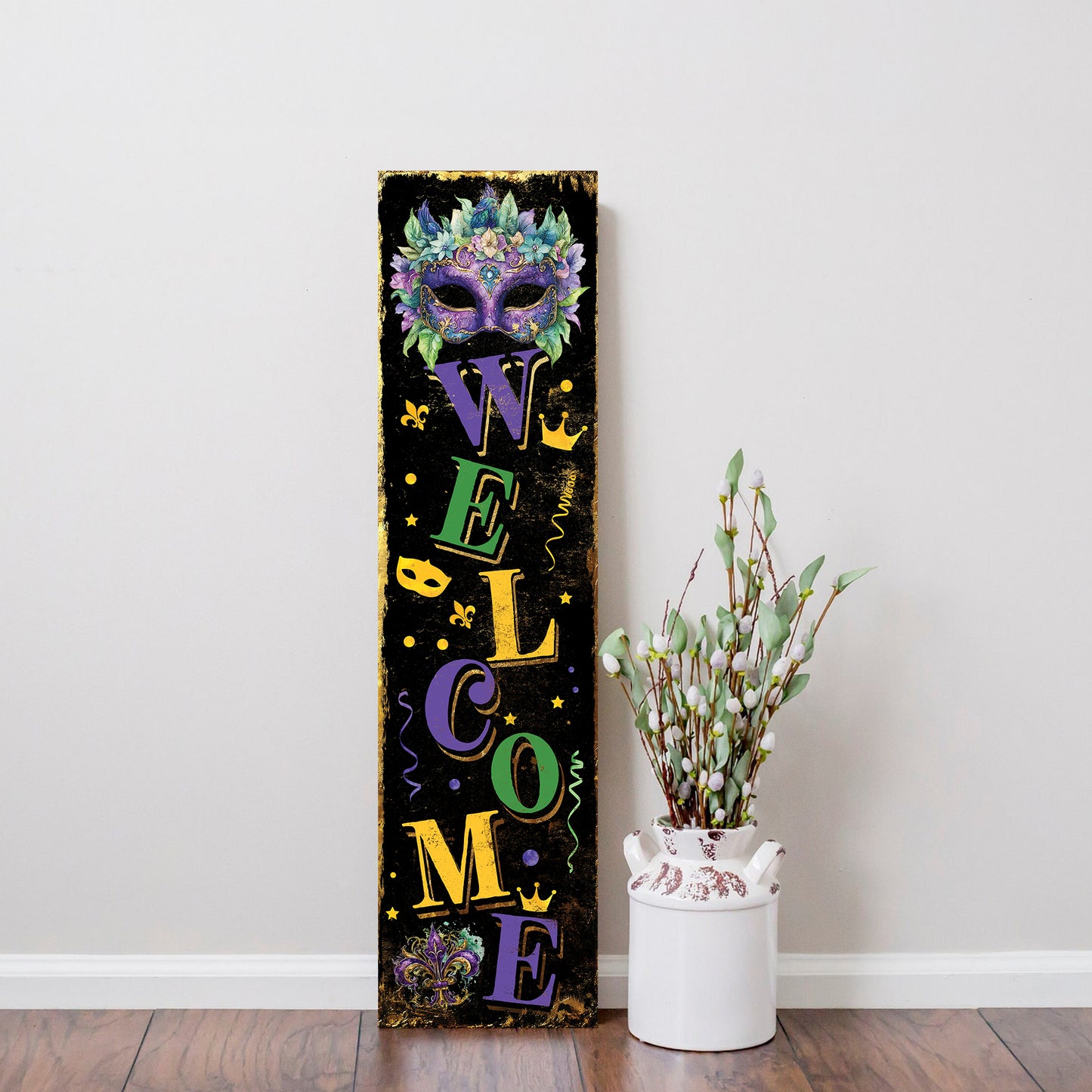 Welcome Mardi Gras Porch Sign | Wooden Entryway Decor | UV Print | Front Porch Plaque | Festive Mardi Gras Decor | 3 Sizes Available