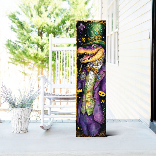 Alligator Mardi Gras Porch Sign | Wooden Entryway Decor | UV Print | Front Porch Plaque | Festive Mardi Gras Decor | 3 Sizes Available