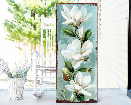 36in Spring Magnolia Porch Sign - Playful Watercolor White Magnolia on Light Blue Background for Entryway, Front Door, Porch Home Decoration