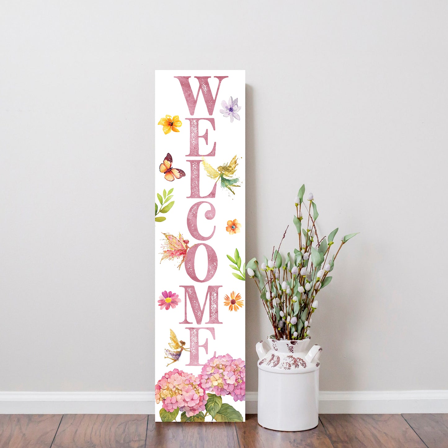 Spring Fairy Hydrangeas Welcome Porch Sign | Entryway Decor | UV Print | Front Porch Plaque | Seasonal Home Decor | 3 Sizes