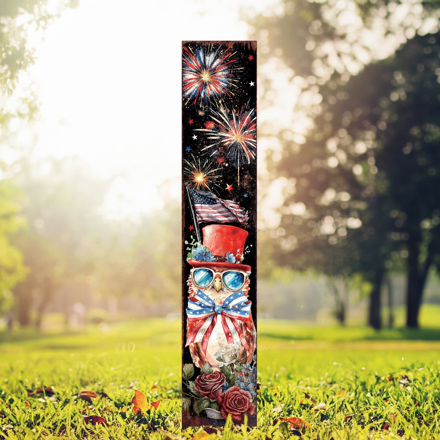 4th of July Owl & Fireworks Garden Stake | Multi Sizes | Perfect Patriotic Yard Independence Day Garden Decor | Outdoor Stake Sign
