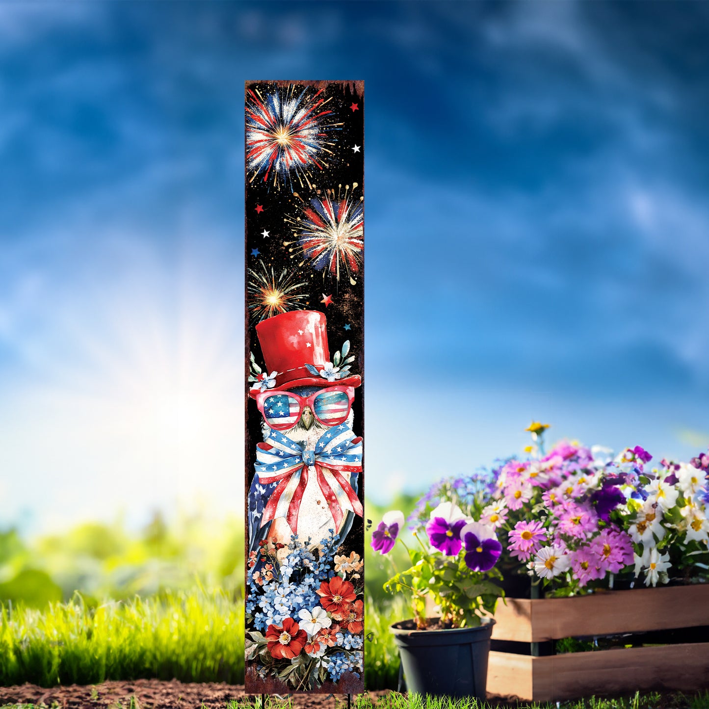 4th of July Owl & Fireworks Garden Stake | Multi Sizes | Perfect Patriotic Yard Independence Day Garden Decor | Outdoor Stake Sign