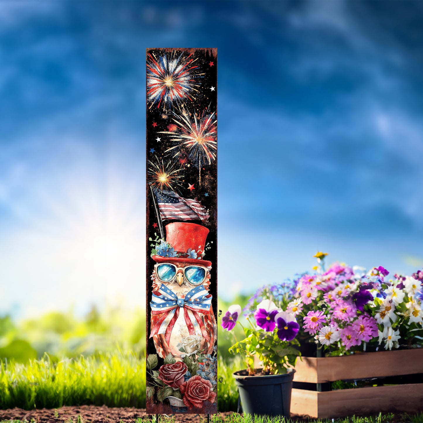 4th of July Owl & Fireworks Garden Stake | Multi Sizes | Perfect Patriotic Yard Independence Day Garden Decor | Outdoor Stake Sign