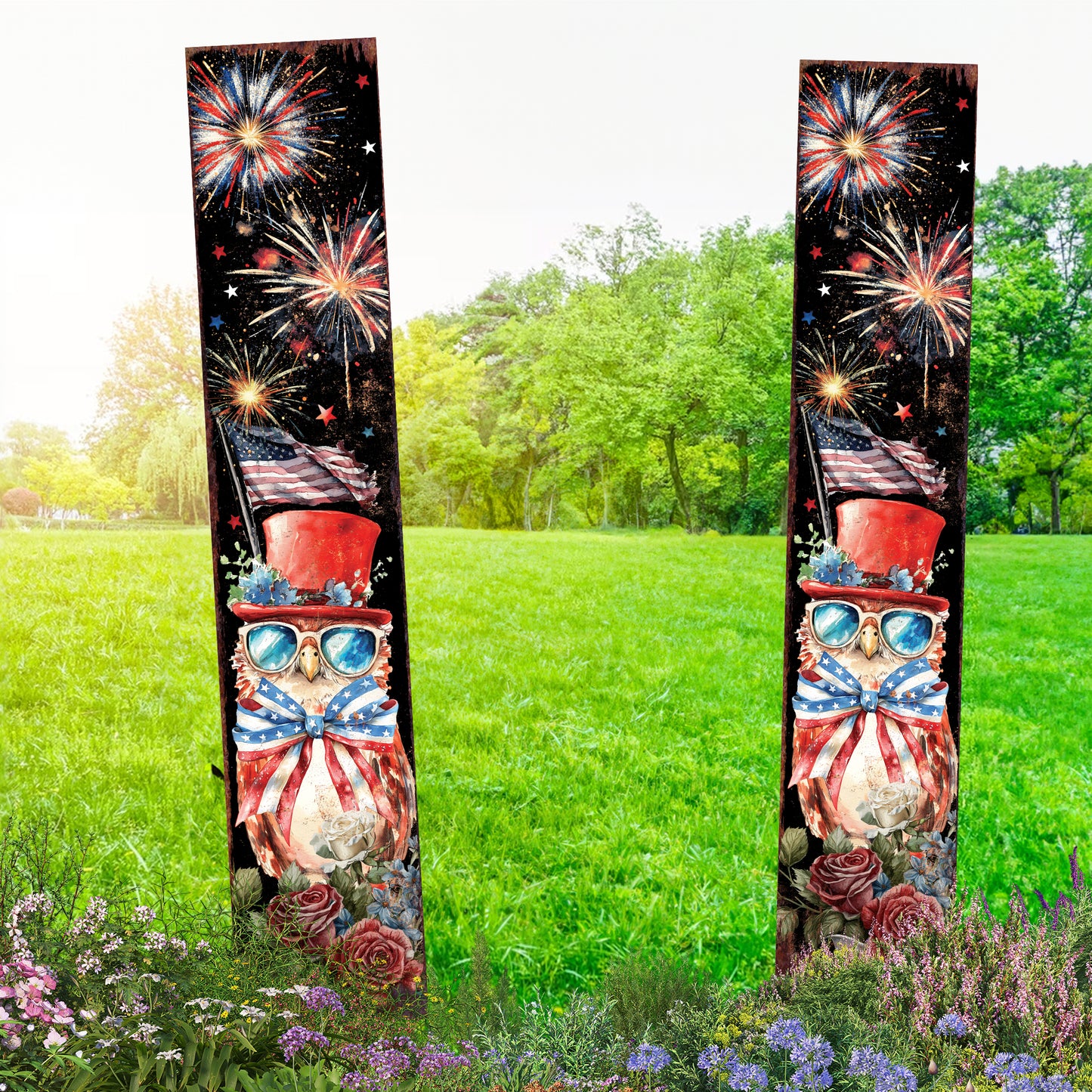4th of July Owl & Fireworks Garden Stake | Multi Sizes | Perfect Patriotic Yard Independence Day Garden Decor | Outdoor Stake Sign