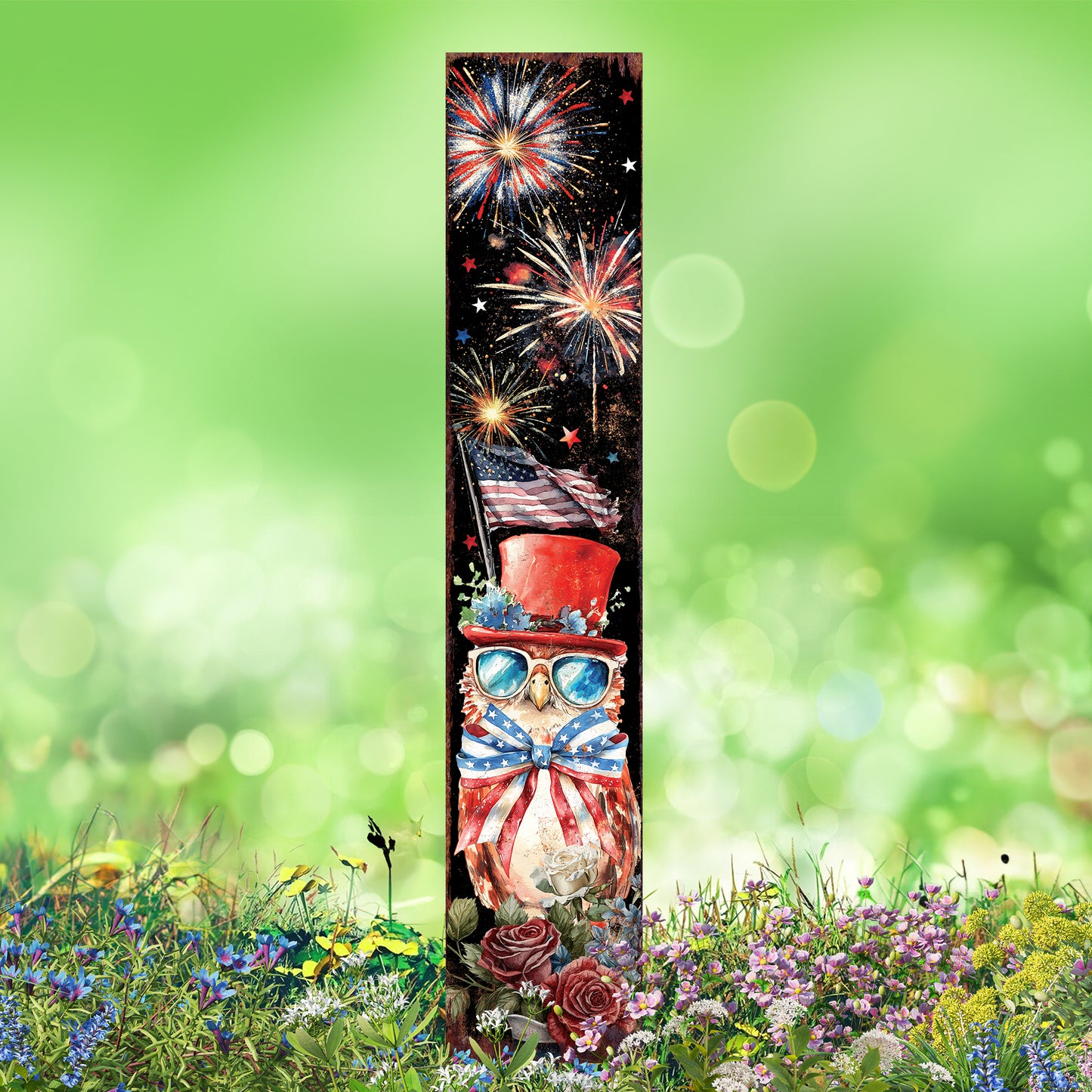 4th of July Owl & Fireworks Garden Stake | Multi Sizes | Perfect Patriotic Yard Independence Day Garden Decor | Outdoor Stake Sign