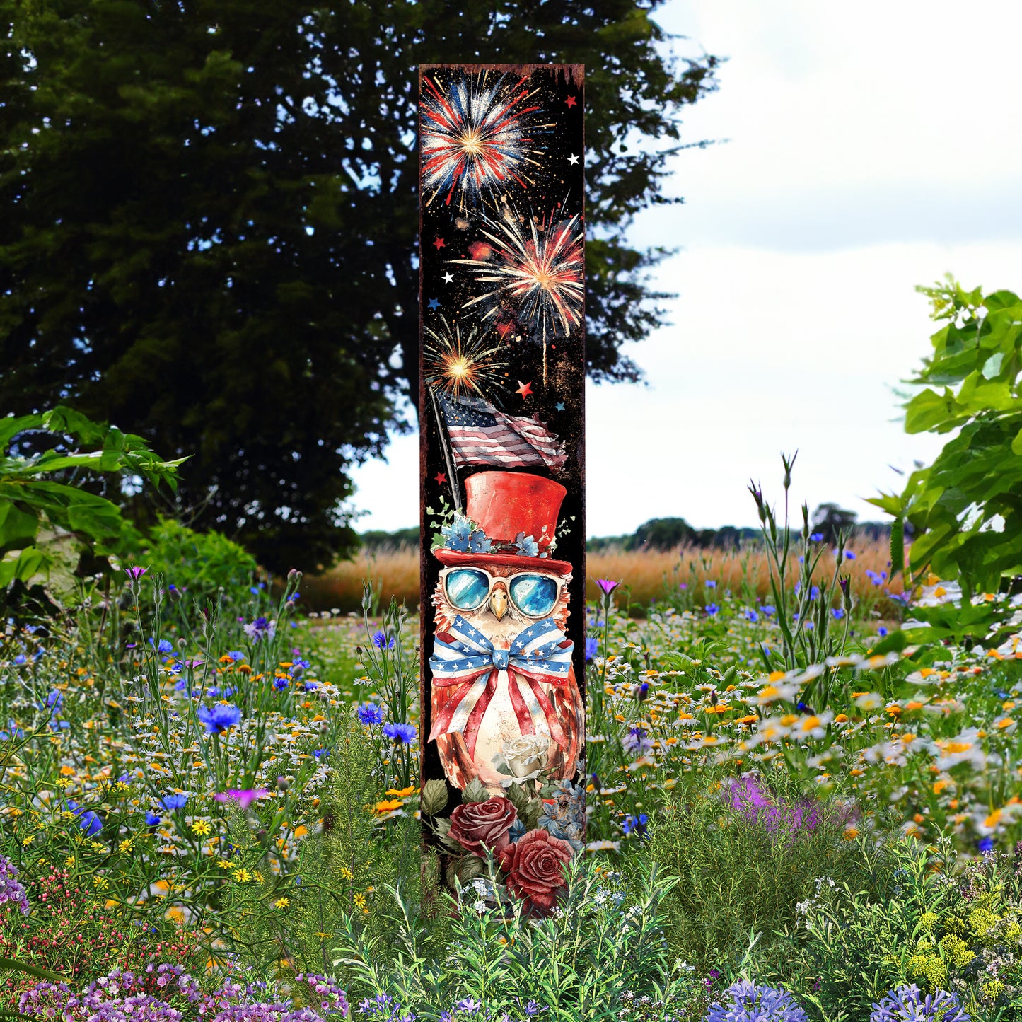 4th of July Owl & Fireworks Garden Stake | Multi Sizes | Perfect Patriotic Yard Independence Day Garden Decor | Outdoor Stake Sign