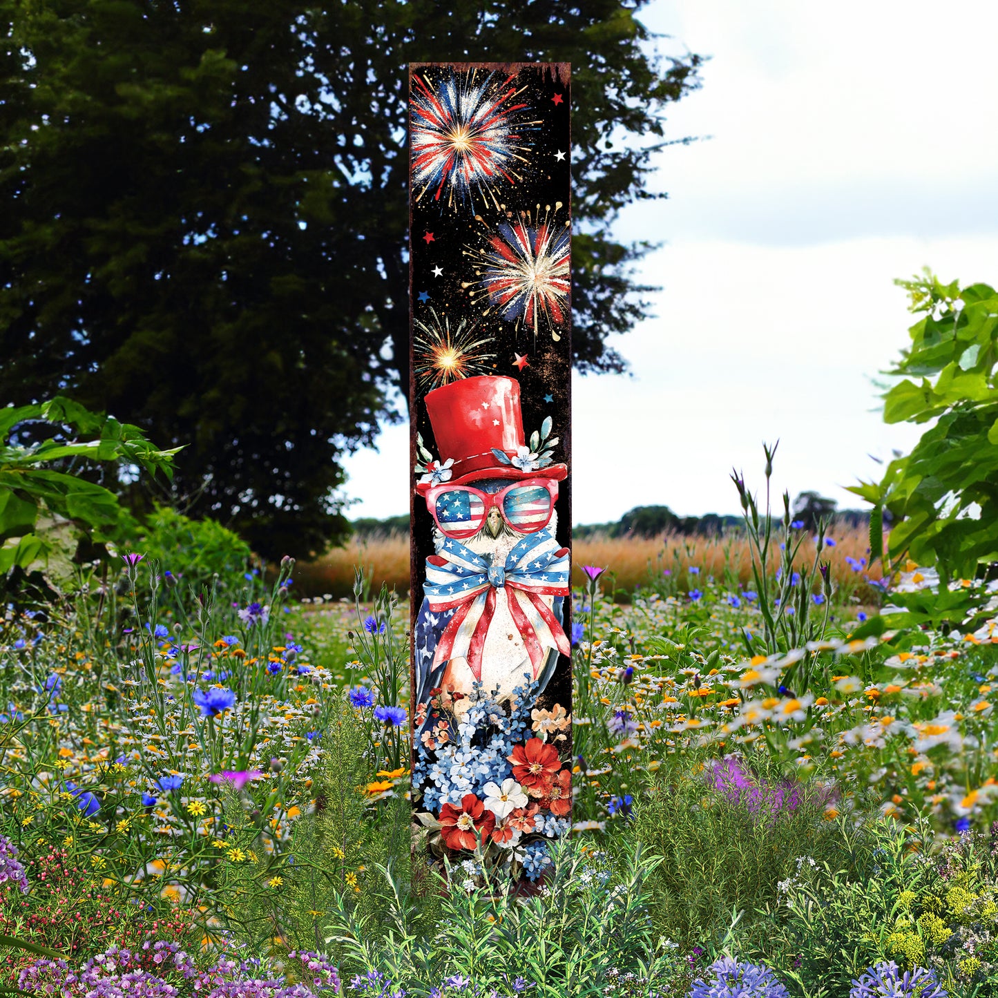 4th of July Owl & Fireworks Garden Stake | Multi Sizes | Perfect Patriotic Yard Independence Day Garden Decor | Outdoor Stake Sign