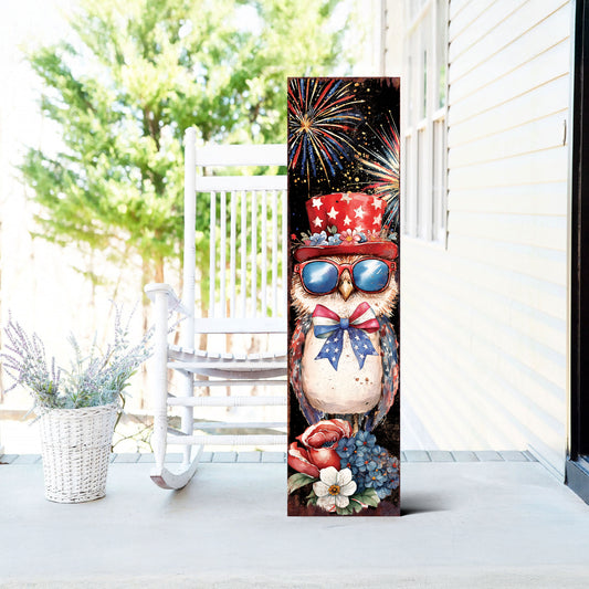 4th of July Porch Sign with Fireworks & Owl | Patriotic Outdoor Decor | Multi Sizes | Perfect for Porch, Yard, Garden, or Front Door