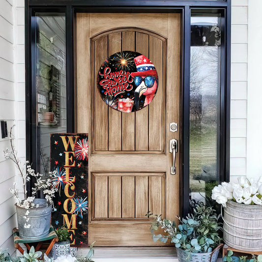 4th of July Flamingo & Fireworks Door Hanger | Multi Sizes | Patriotic Independence Day Front Door and Indoor Wall Decor