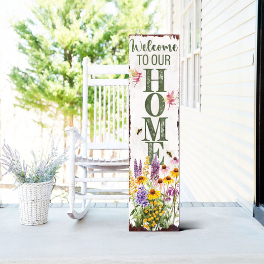 Summer Welcome to Our Home Porch Sign | Wildflower Garden Design with Bees & Fairies | UV Print | Multi Sizes for Front Porch Decor