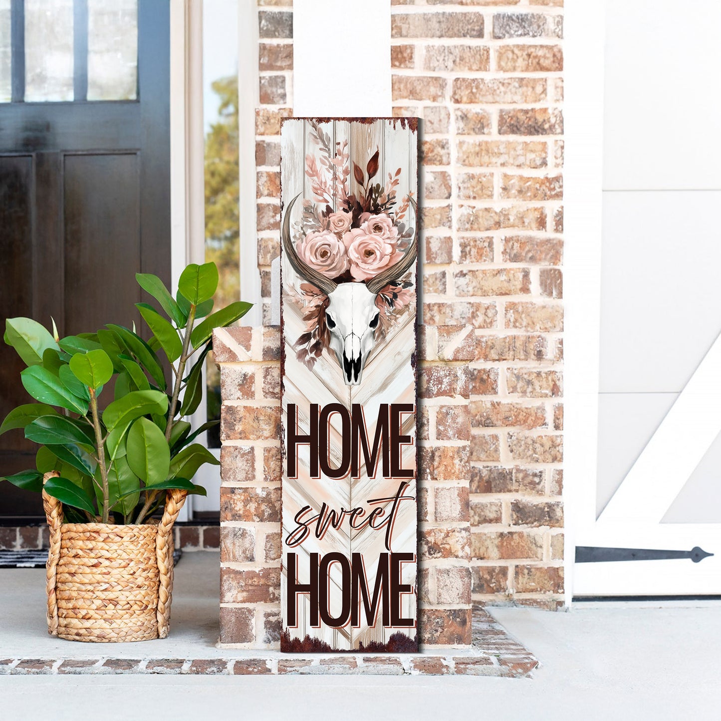 Summer Western Porch Sign | Home Sweet Home Bull Skull Floral Design | Multi Sizes | Rustic Garden Decor For Porch, Entryway, Or Yard
