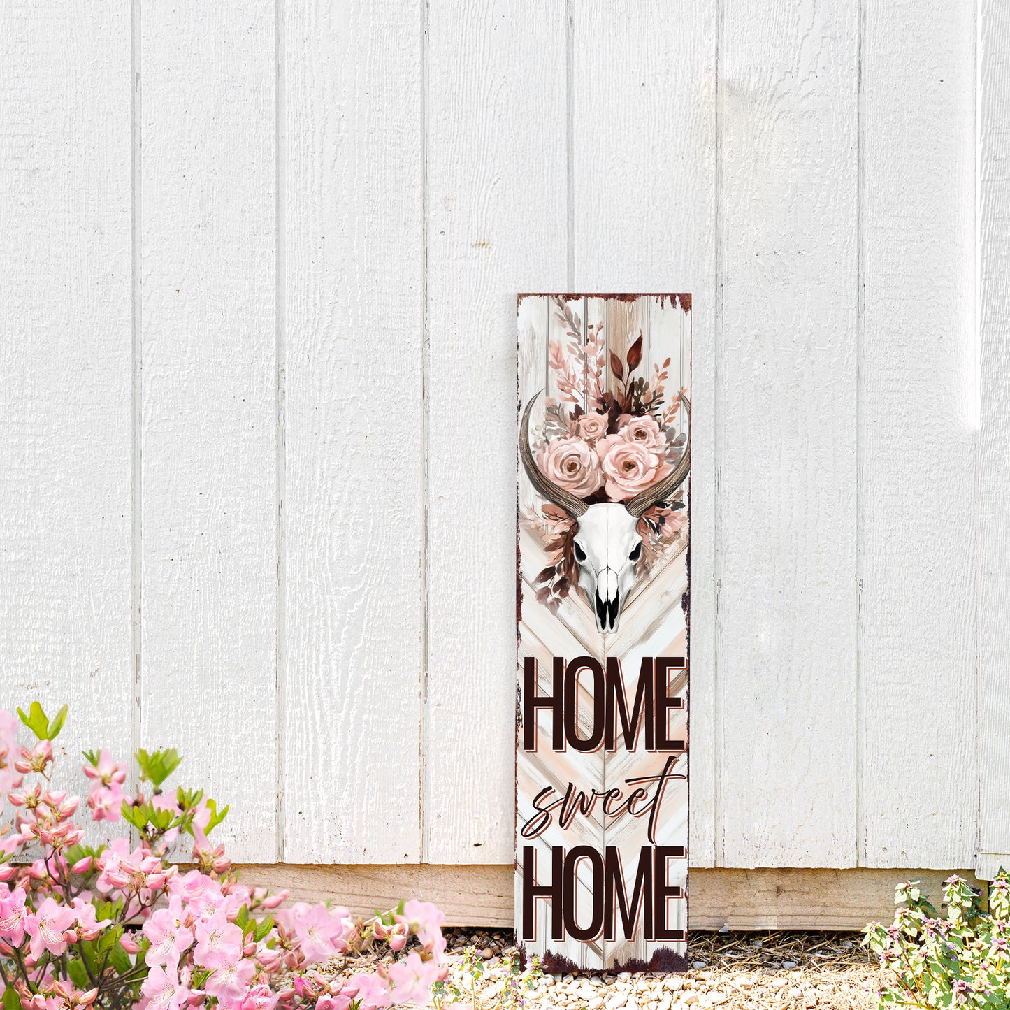 Summer Western Porch Sign | Home Sweet Home Bull Skull Floral Design | Multi Sizes | Rustic Garden Decor For Porch, Entryway, Or Yard