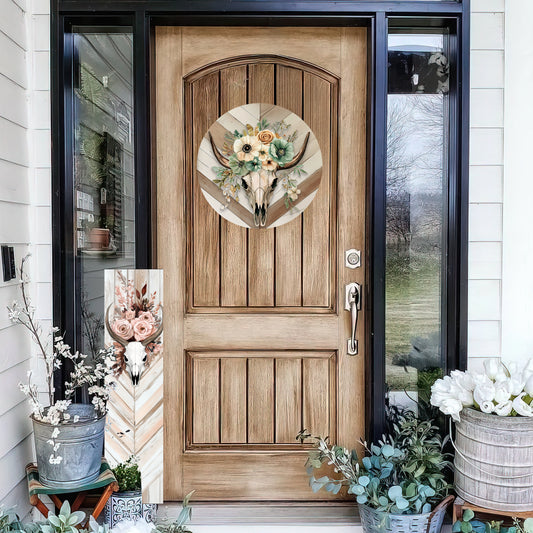 Summer Western Cow Skull Door Hanger – Floral Boho Wall Sign for Front Door or Indoor Decor | Round & Square UV Print | Multi Sizes