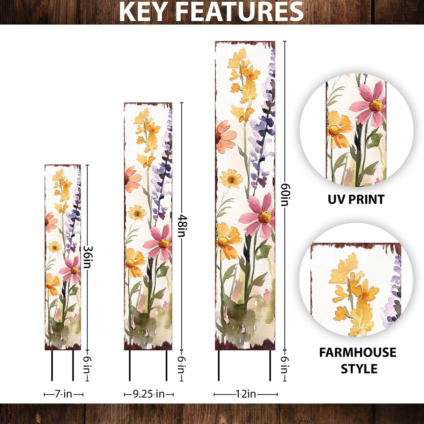 Summer Wildflowers Wooden Garden Stake Sign – Outdoor Floral Yard Décor | UV Print | Farmhouse Style | Multiple Sizes