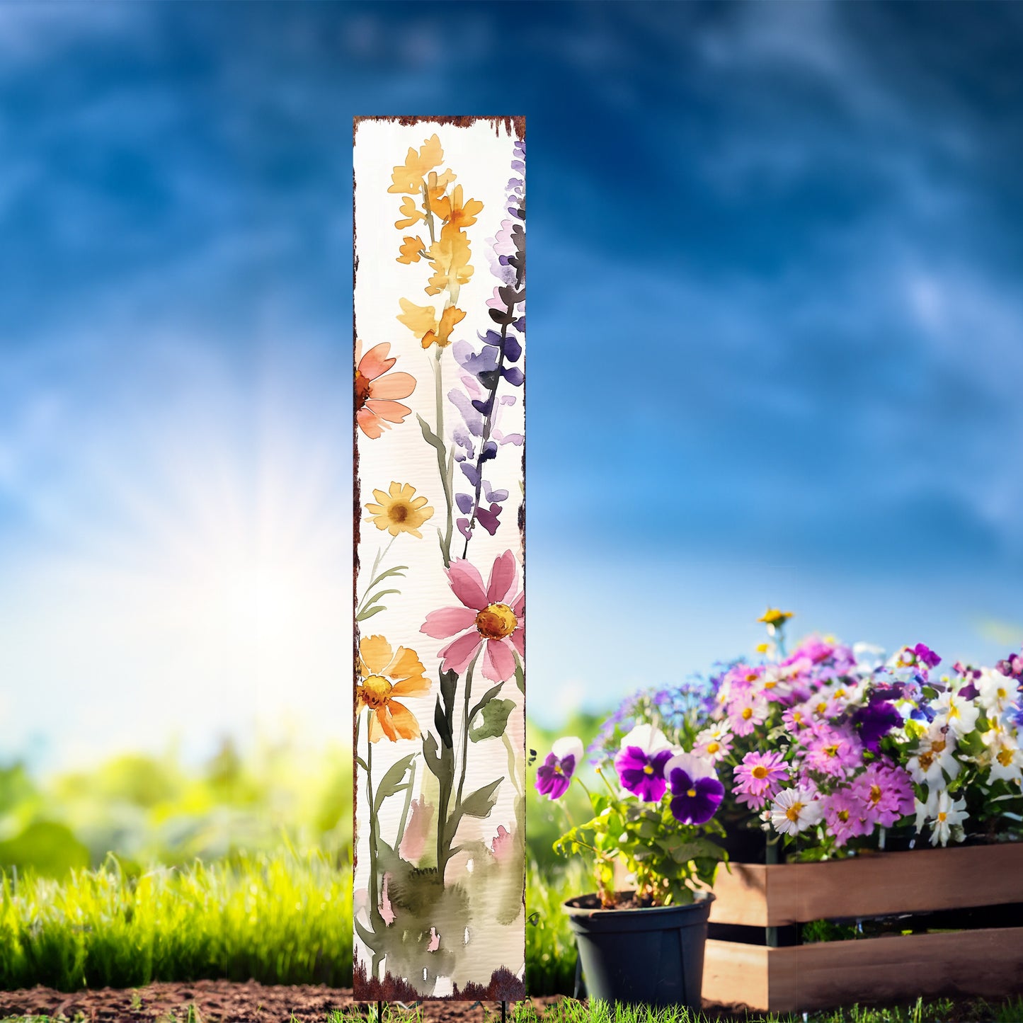 Summer Wildflowers Wooden Garden Stake Sign – Outdoor Floral Yard Décor | UV Print | Farmhouse Style | Multiple Sizes
