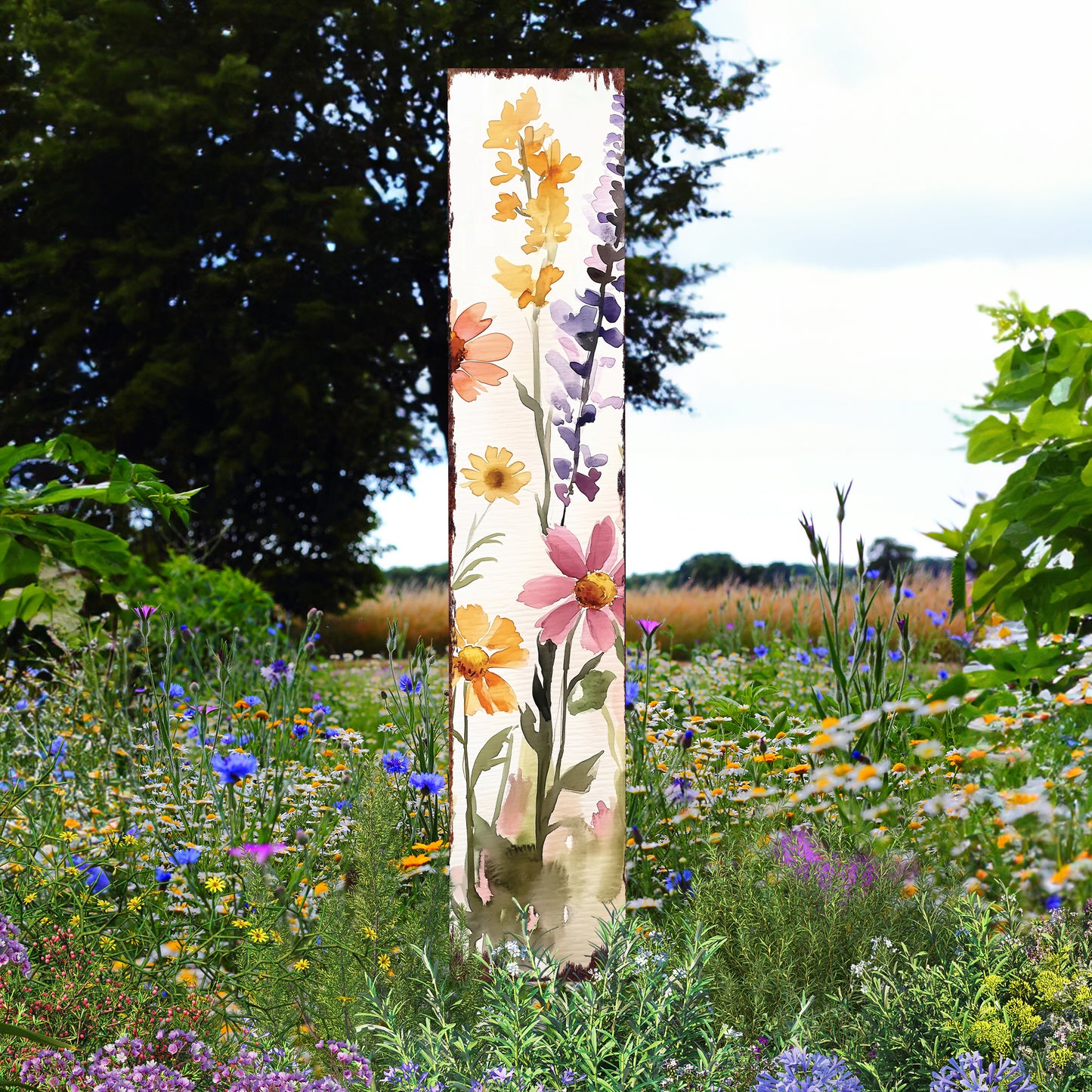 Summer Wildflowers Wooden Garden Stake Sign – Outdoor Floral Yard Décor | UV Print | Farmhouse Style | Multiple Sizes