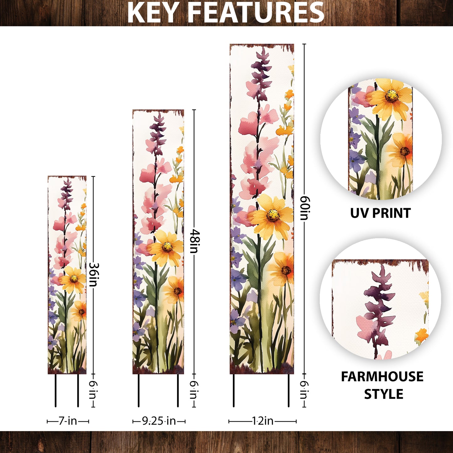 Summer Wildflowers Wooden Garden Stake Sign – Outdoor Floral Yard Décor | UV Print | Farmhouse Style | Multiple Sizes