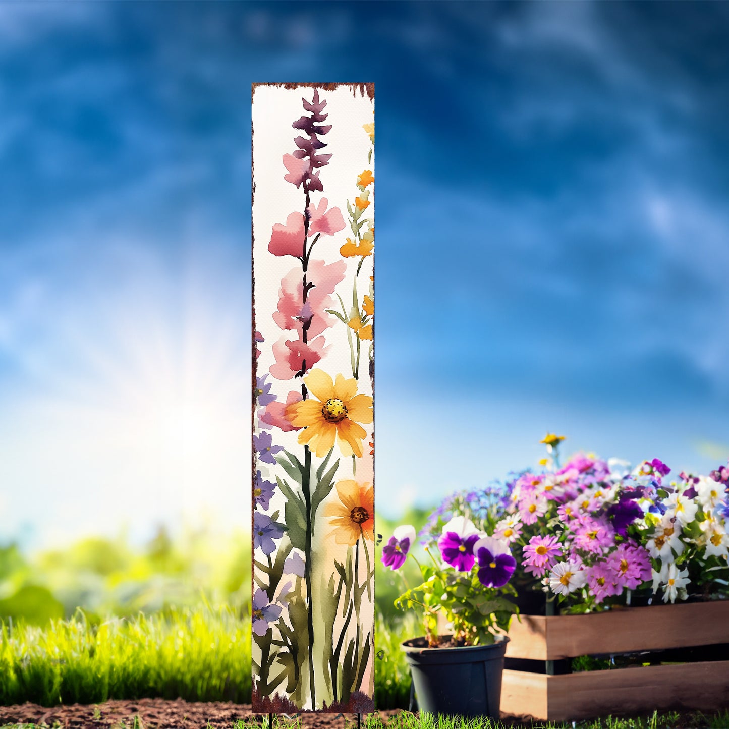 Summer Wildflowers Wooden Garden Stake Sign – Outdoor Floral Yard Décor | UV Print | Farmhouse Style | Multiple Sizes