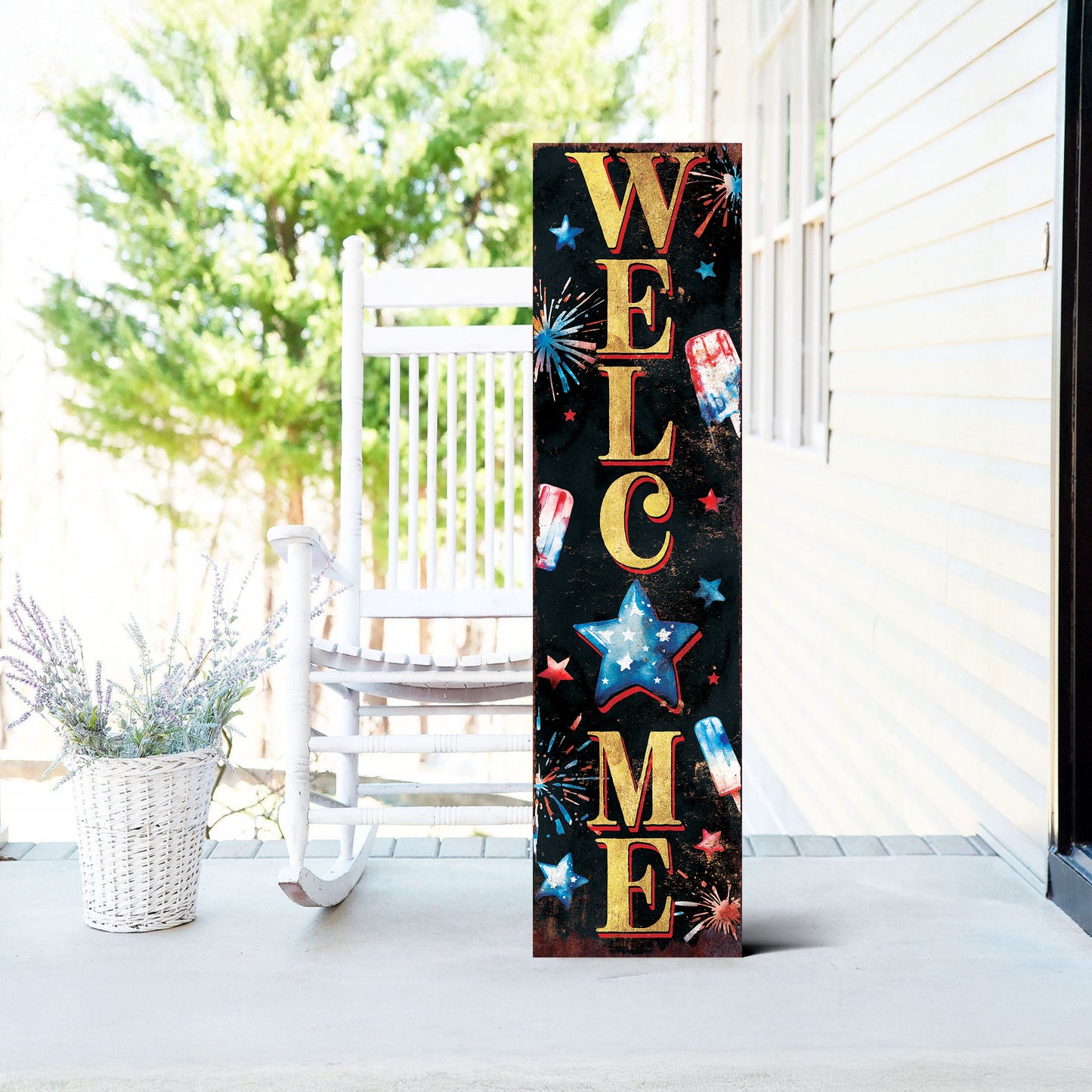 4th of July Welcome Porch Sign | Patriotic Vertical Sign for Door, Mantel & Entryway | UV Printed Wood | Rustic Farmhouse Style | Multi Sizes