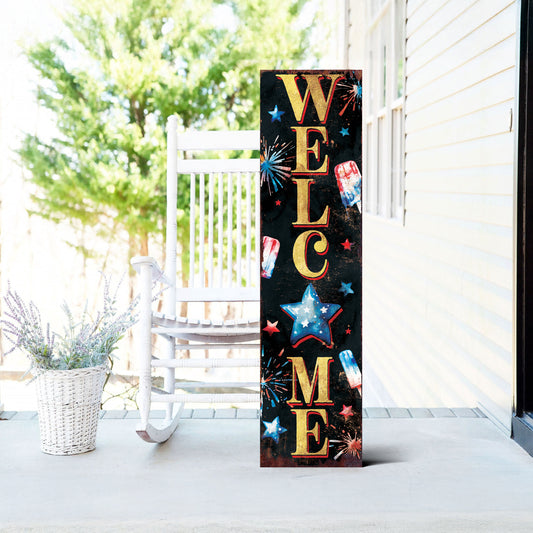 4th of July Welcome Porch Sign | Patriotic Vertical Sign for Door, Mantel & Entryway | UV Printed Wood | Rustic Farmhouse Style | Multi Sizes