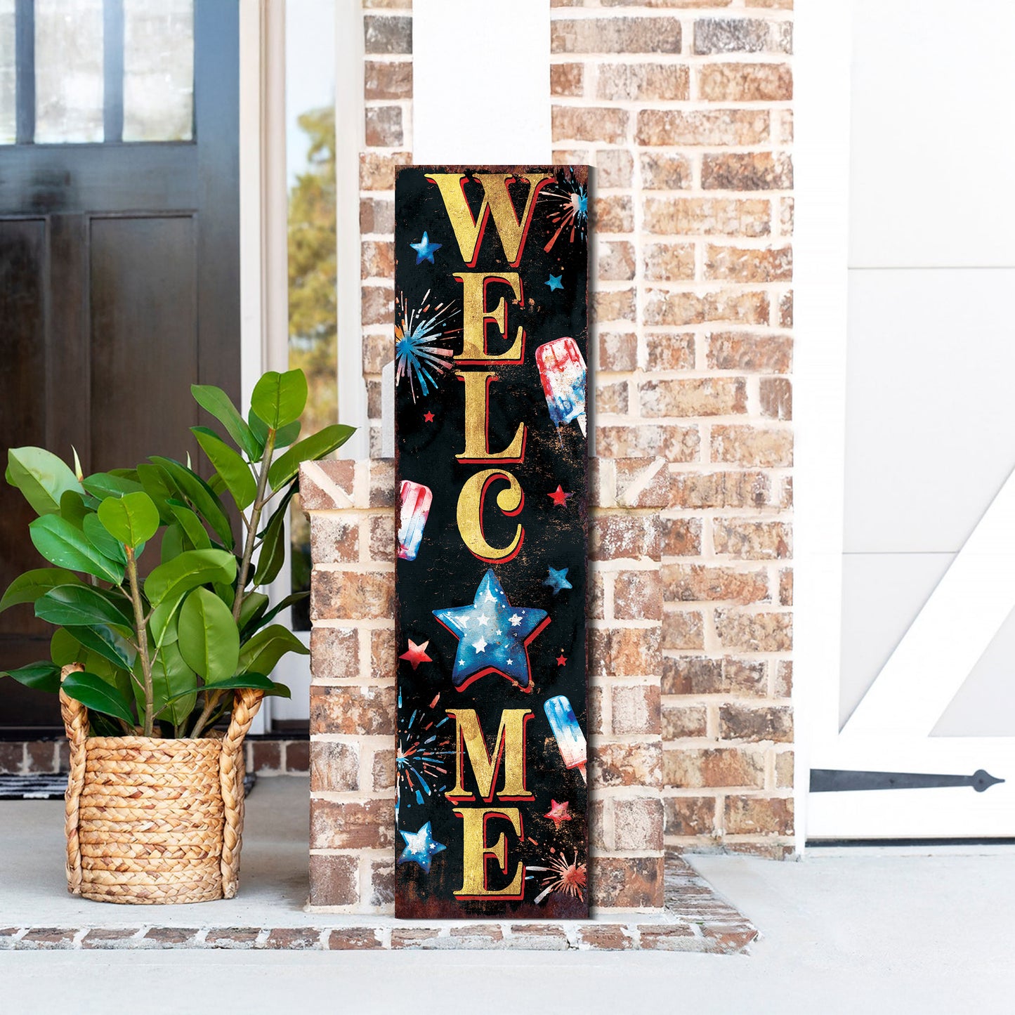 4th of July Welcome Porch Sign | Patriotic Vertical Sign for Door, Mantel & Entryway | UV Printed Wood | Rustic Farmhouse Style | Multi Sizes