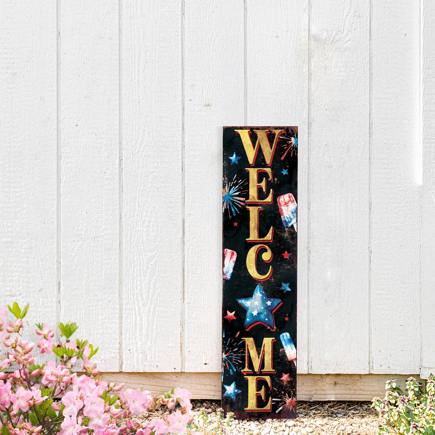 4th of July Welcome Porch Sign | Patriotic Vertical Sign for Door, Mantel & Entryway | UV Printed Wood | Rustic Farmhouse Style | Multi Sizes