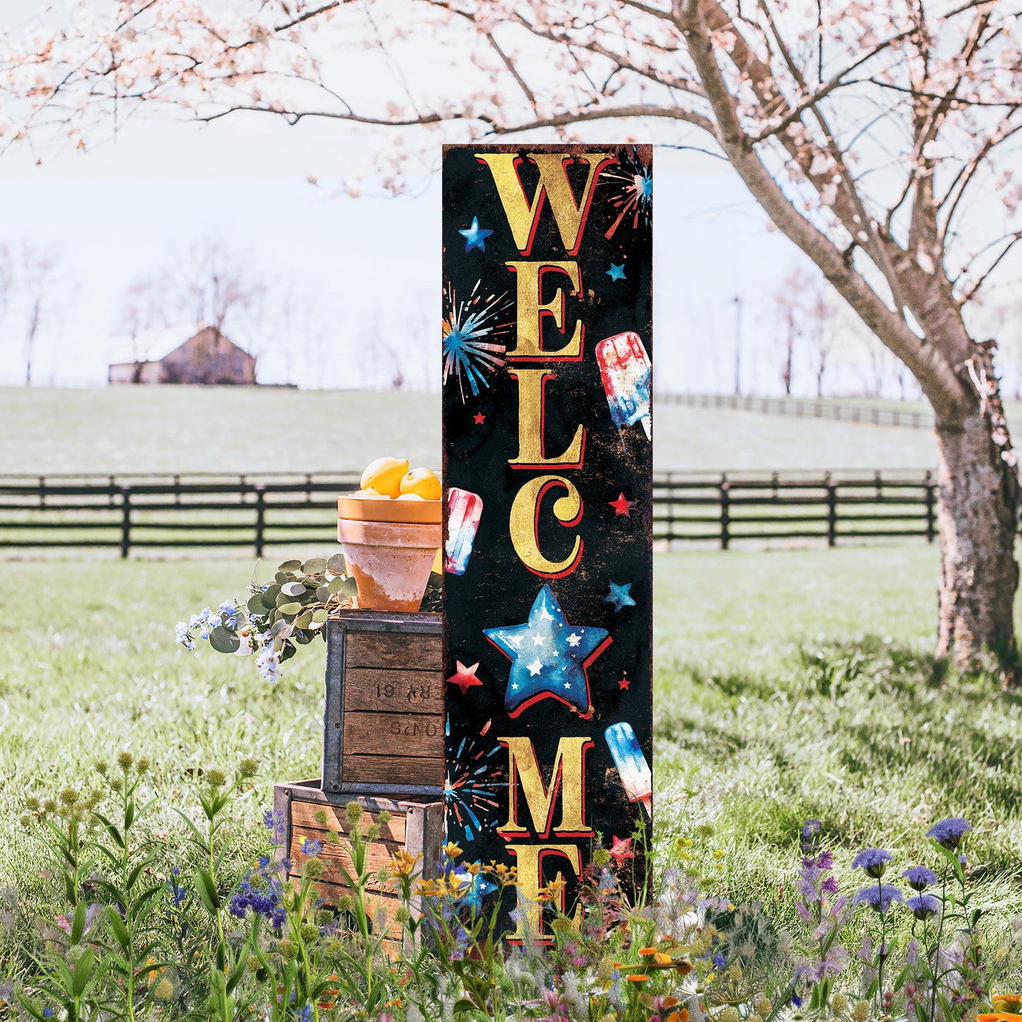 4th of July Welcome Porch Sign | Patriotic Vertical Sign for Door, Mantel & Entryway | UV Printed Wood | Rustic Farmhouse Style | Multi Sizes
