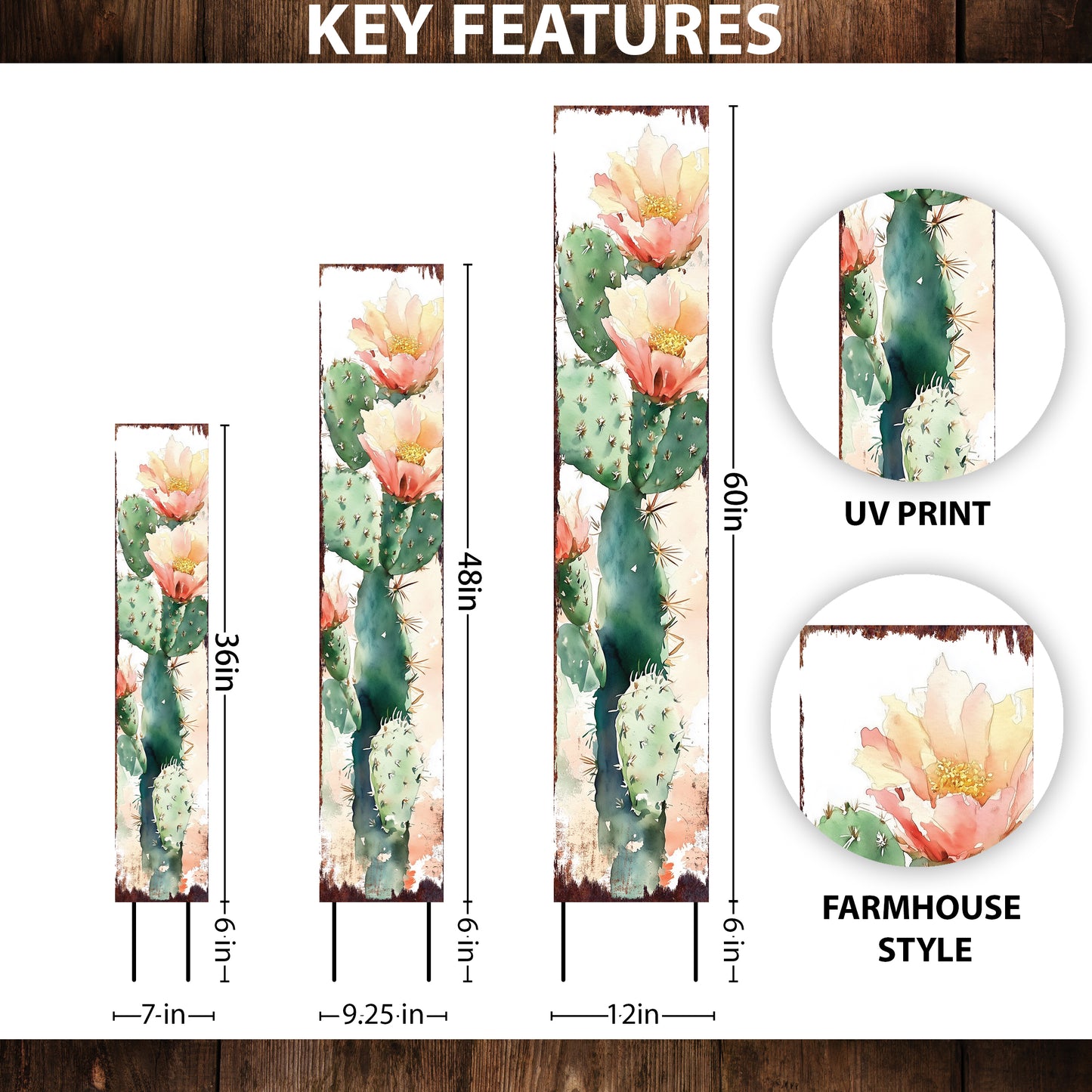 Summer Cactus Wooden Garden Stake Sign | Watercolor Outdoor Yard Décor | Farmhouse Style UV Printed | Multiple Sizes