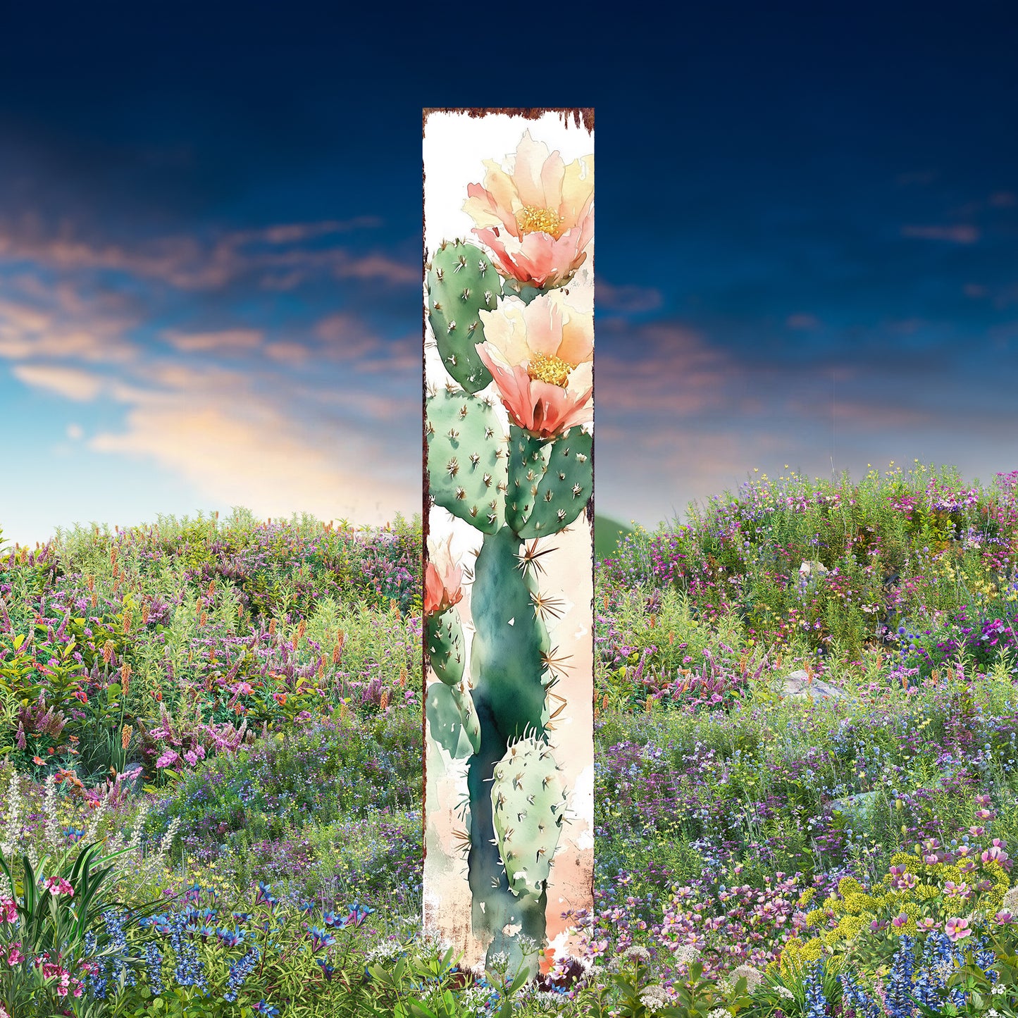 Summer Cactus Wooden Garden Stake Sign | Watercolor Outdoor Yard Décor | Farmhouse Style UV Printed | Multiple Sizes