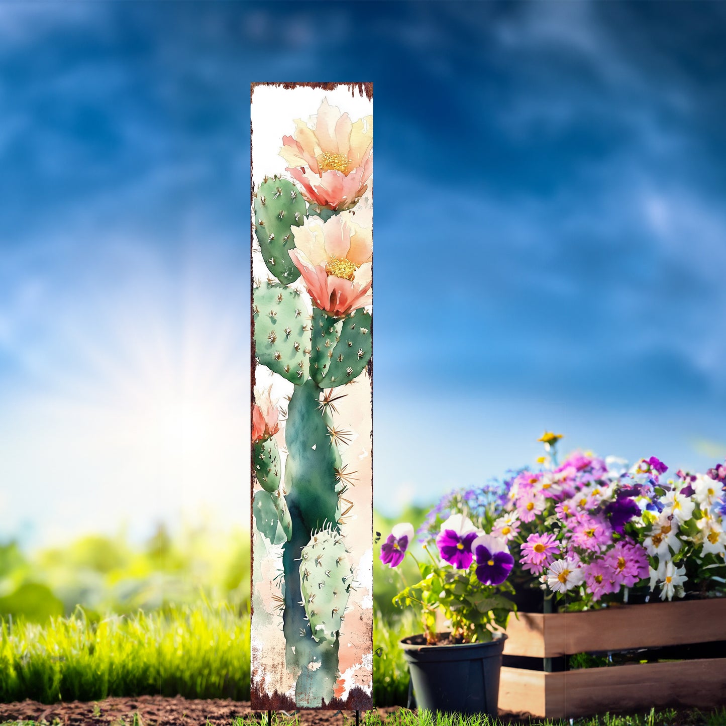 Summer Cactus Wooden Garden Stake Sign | Watercolor Outdoor Yard Décor | Farmhouse Style UV Printed | Multiple Sizes