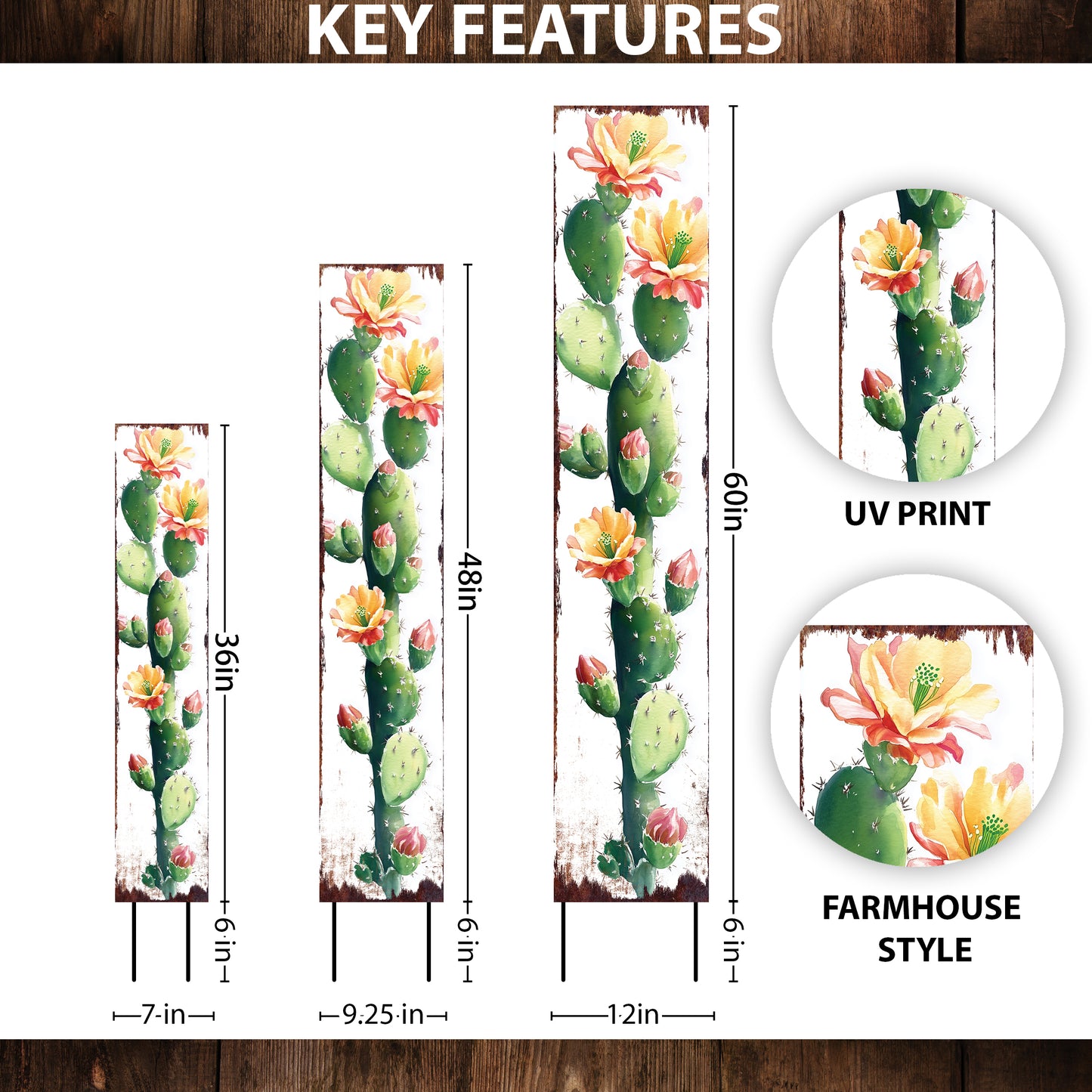Summer Cactus Garden Stake | Watercolor Wooden Outdoor Garden Yard Décor | Farmhouse Style UV Printed | Multiple Size
